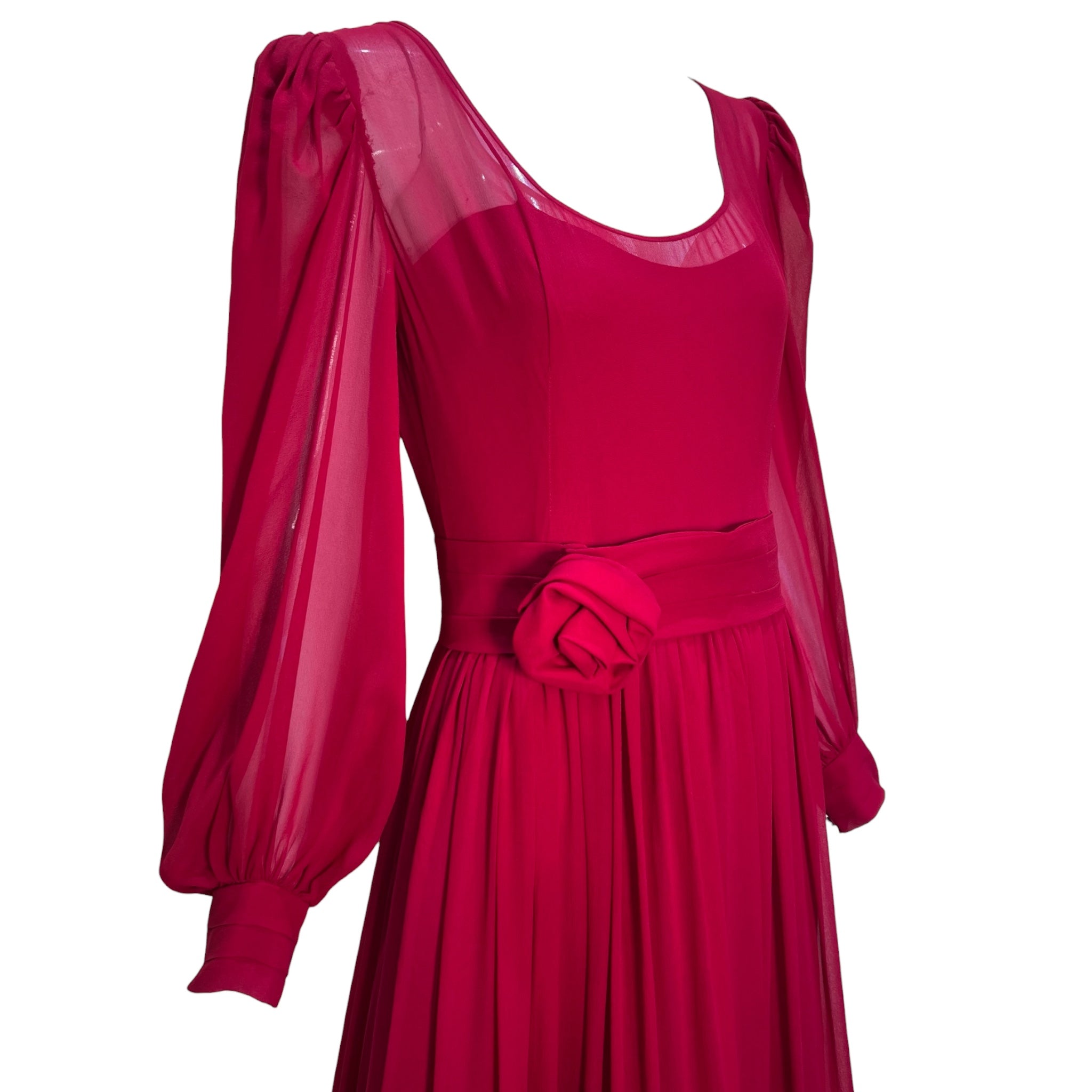 Late 1970s Scarlet Red Silk Georgette Ballgown with Silk Roses, side bodice