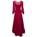 Late 1970s Scarlet Red Silk Georgette Ballgown with Silk Roses, back