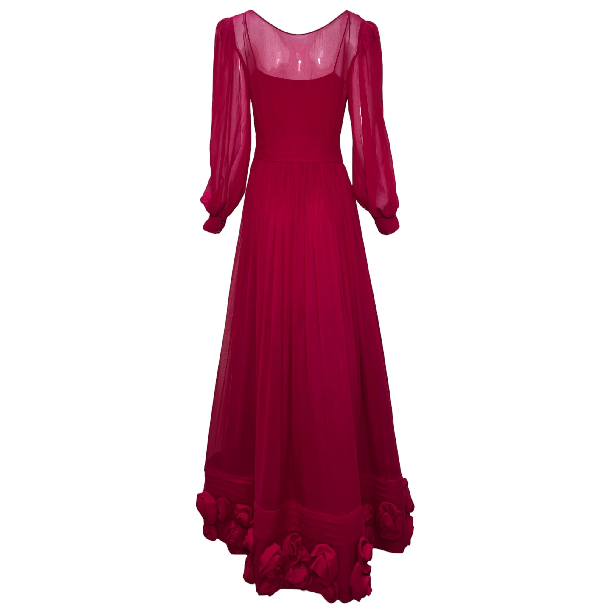 Late 1970s Scarlet Red Silk Georgette Ballgown with Silk Roses, back