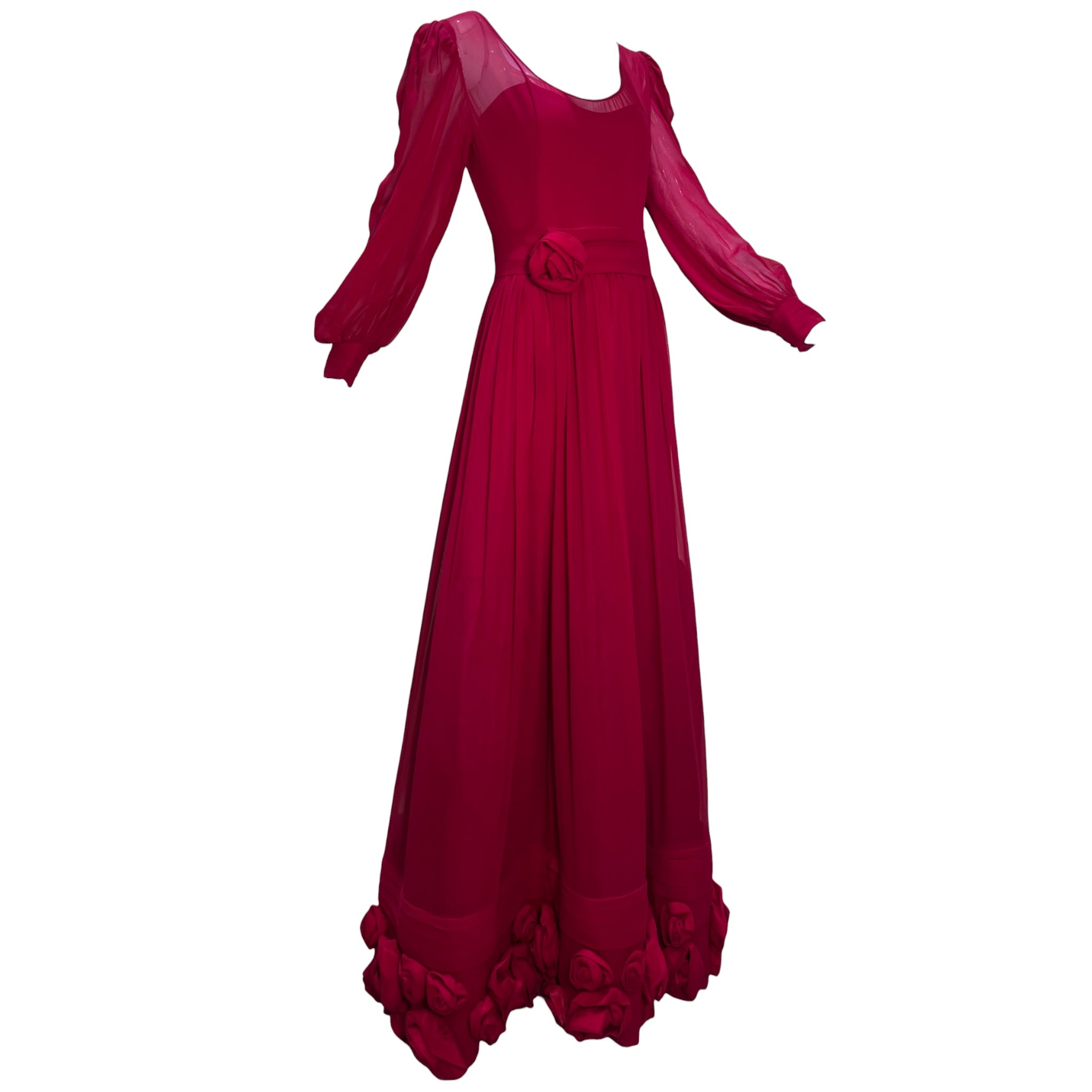 Late 1970s Scarlet Red Silk Georgette Ballgown with Silk Roses, side
