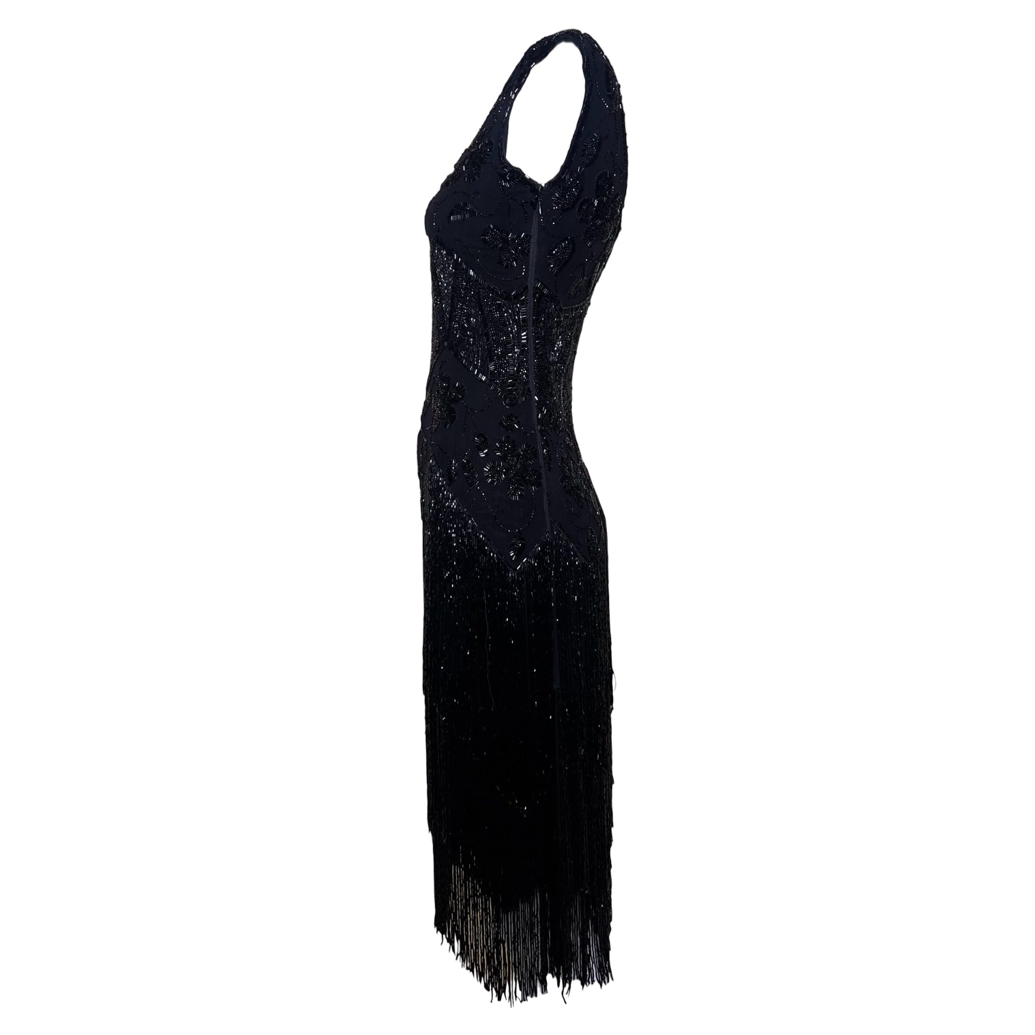 1920's Black Beaded Fringe Flapper Dress, side 2
