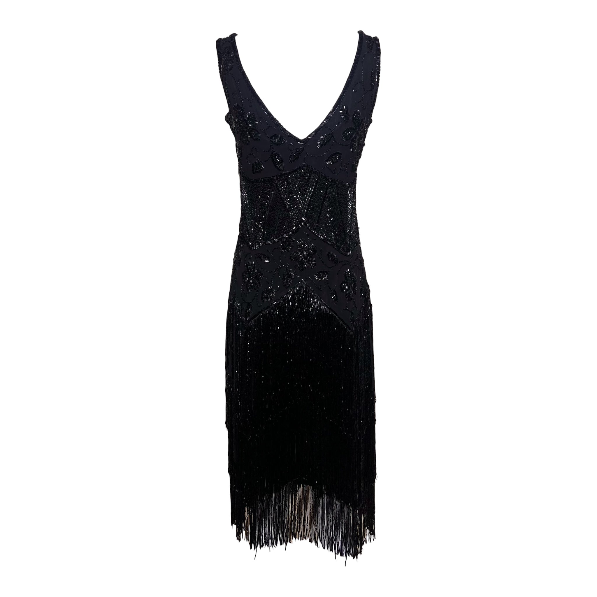 1920's Black Beaded Fringe Flapper Dress, back