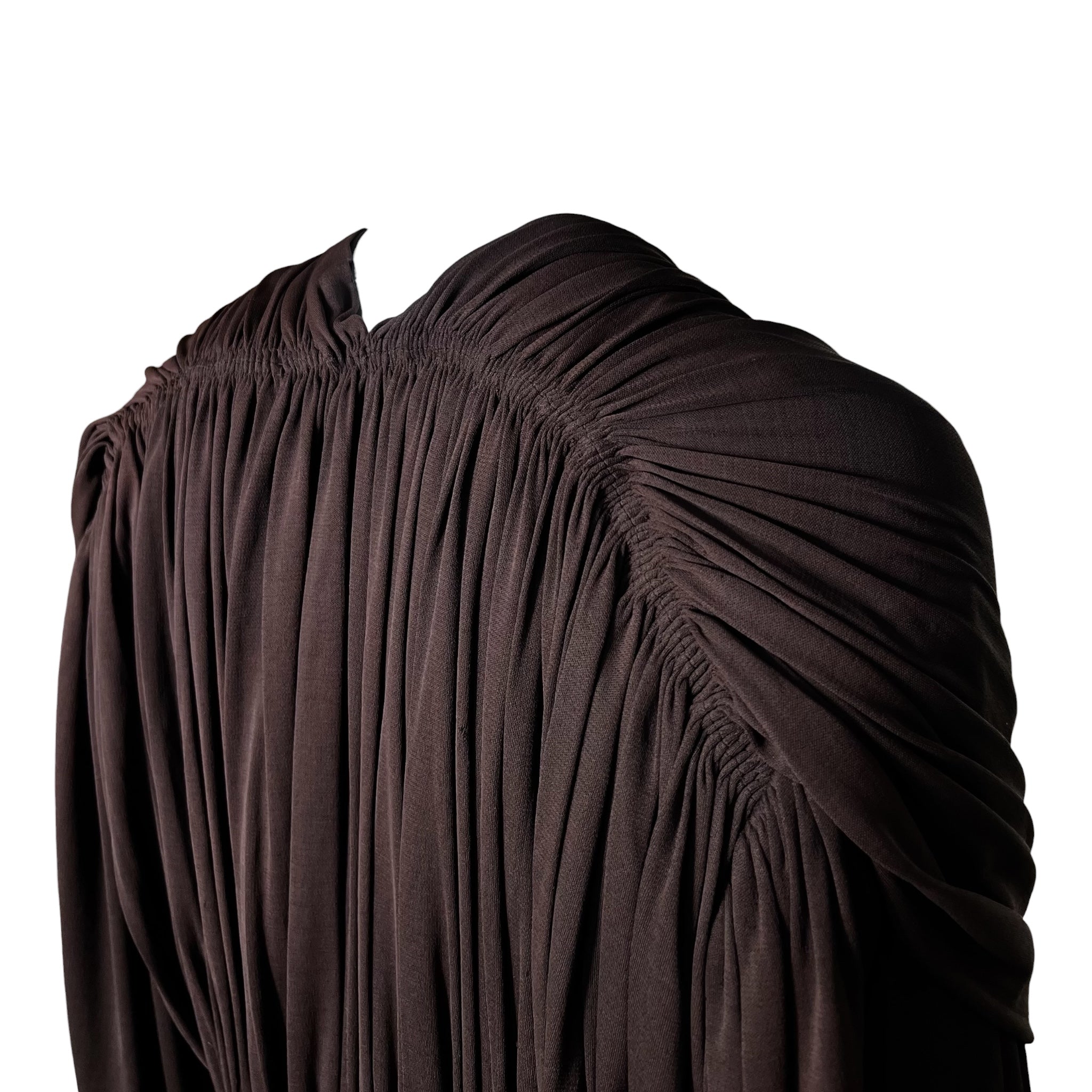Madame Grès Haute Couture 1940's Brown Hand Smocked Matte Jersey Dress, shoulder
