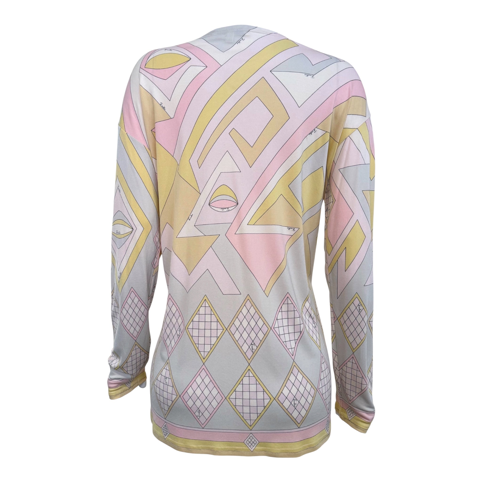 Emilio Pucci 1970's Pastel Geometric Silk Jersey Long Sleeve Tunic Blouse, back