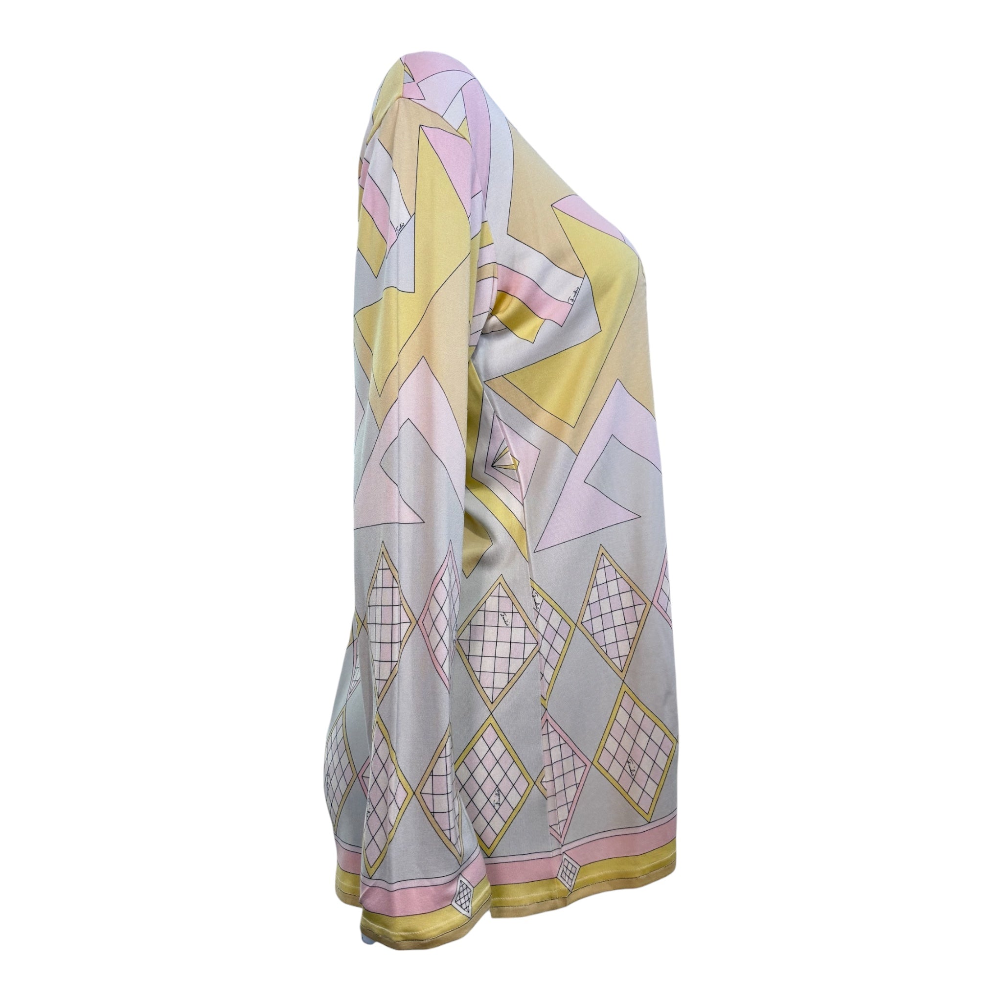 Emilio Pucci 1970's Pastel Geometric Silk Jersey Long Sleeve Tunic Blouse, side 2