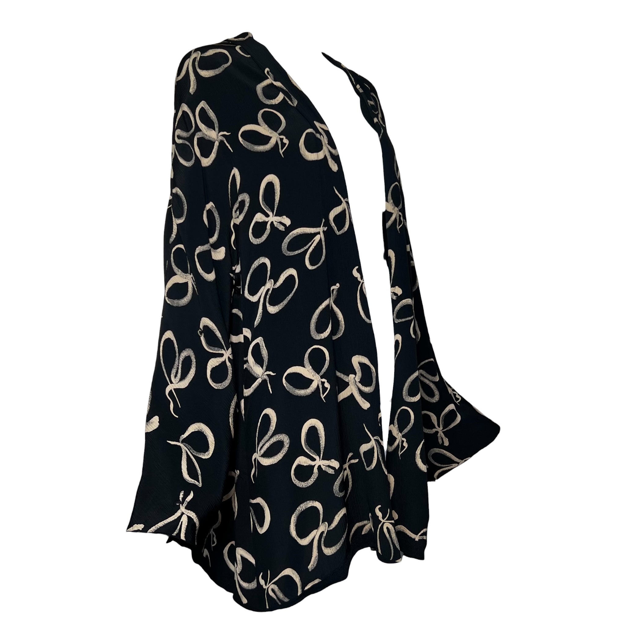 Early 1940's Ribbon Bow Print Black Silk Georgette Jacket, side 2