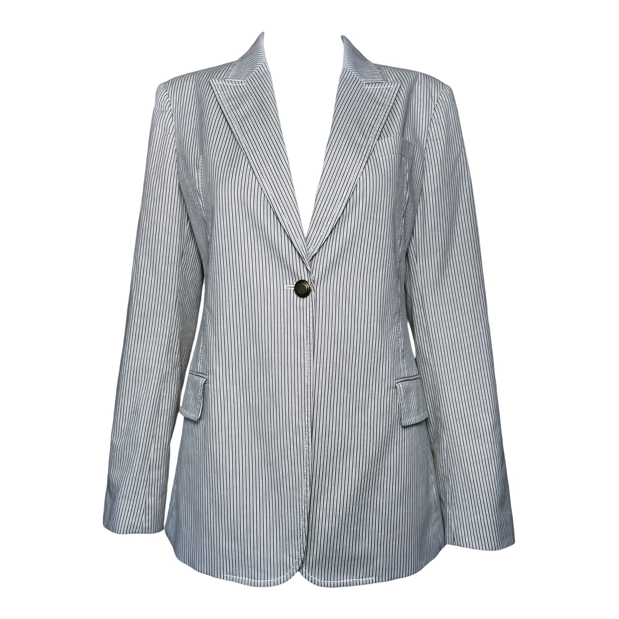 Gucci Cotton Blue Grey Pinstripe Single Button Blazer Jacket