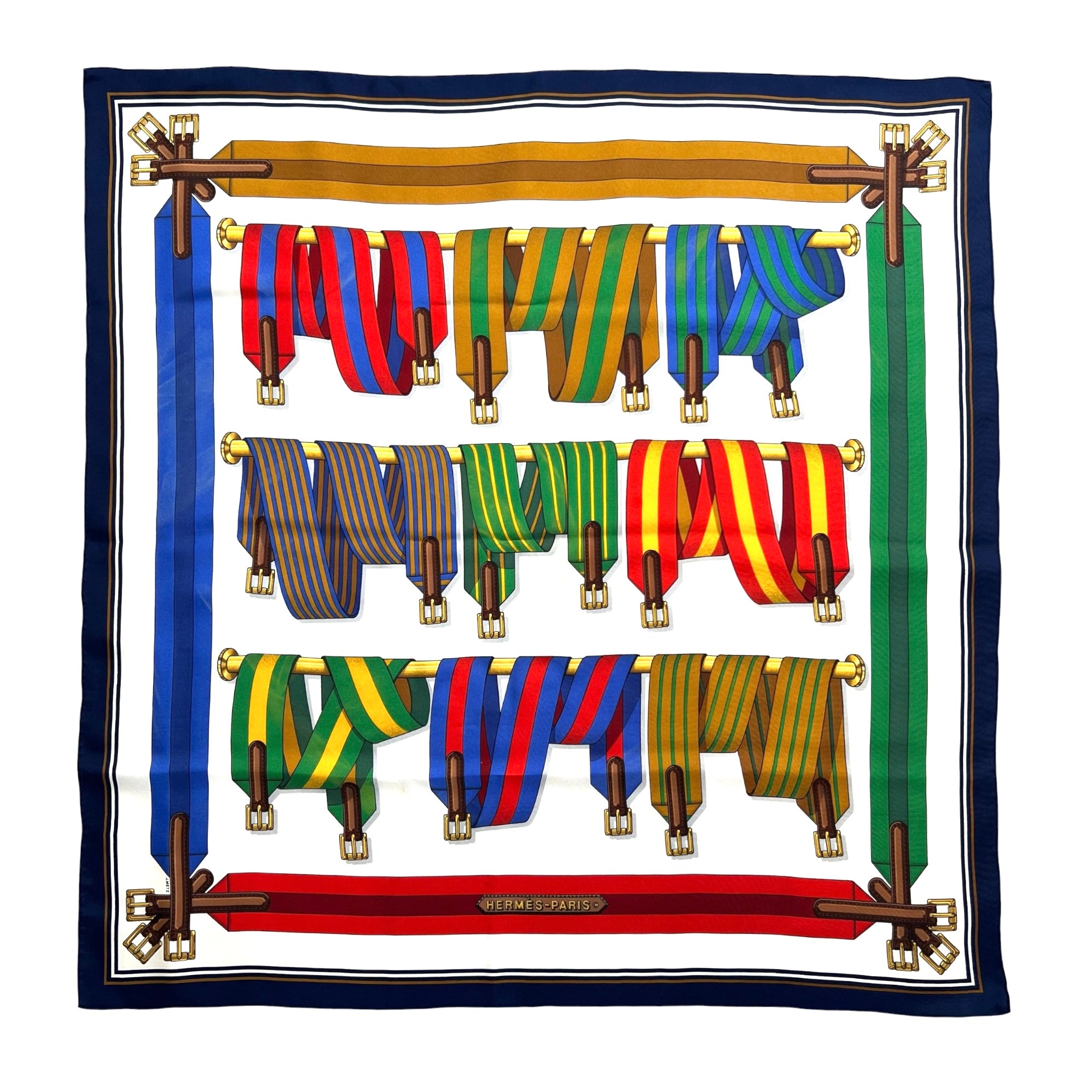 Hermès 1985 'Les Sangles' by J. Metz Print Carré 90 Silk Scarf