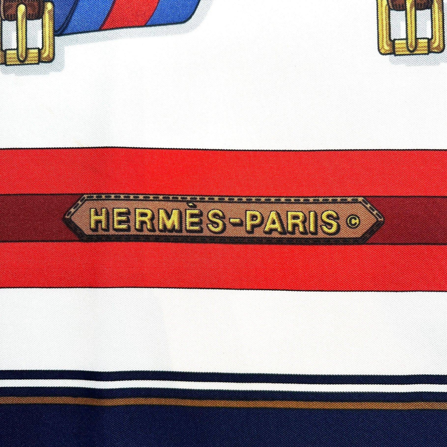Hermès 1985 'Les Sangles' by J. Metz Print Carré 90 Silk Scarf, label