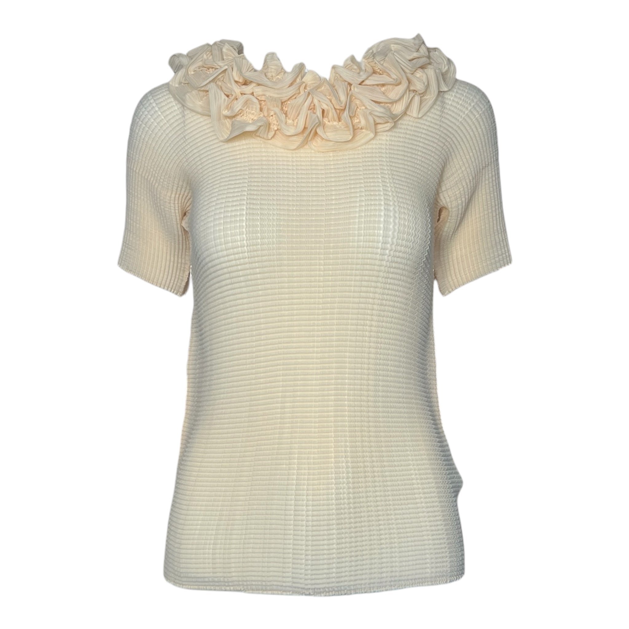 Issey Miyake Y2K Cream Ruffle Collar Plisse Blouse