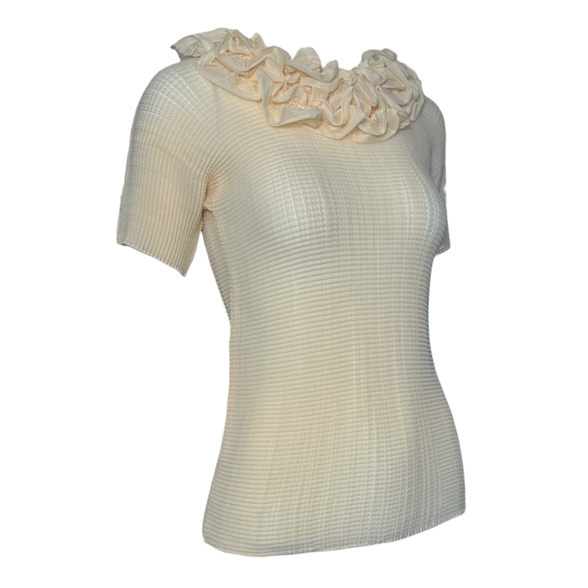 Issey Miyake Y2K Cream Ruffle Collar Plisse Blouse, slight side