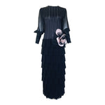 Galanos 1984 Black Silk Tiered Gown with Decorative Hip Flower