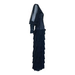 Galanos 1984 Black Silk Tiered Gown with Decorative Hip Flower, side 2