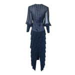 Galanos 1984 Black Silk Tiered Gown with Decorative Hip Flower, back