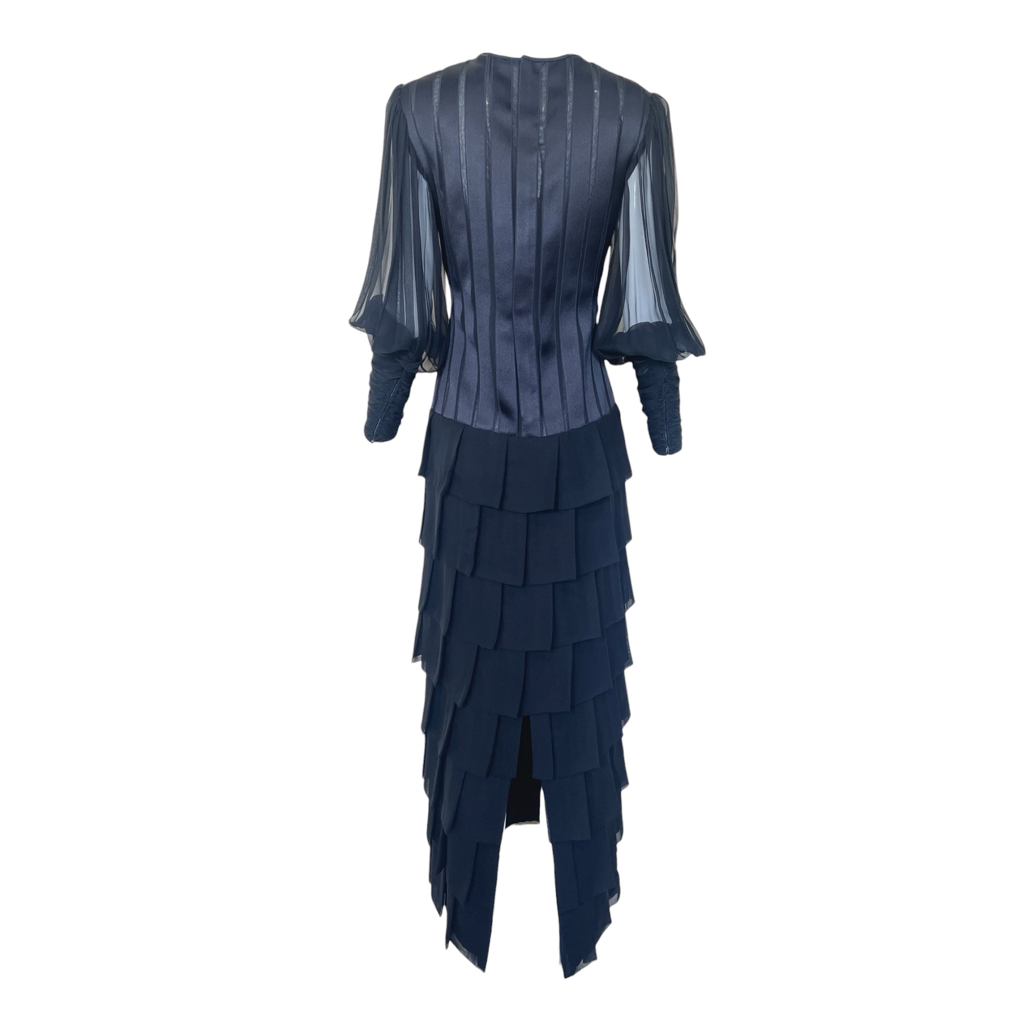 Galanos 1984 Black Silk Tiered Gown with Decorative Hip Flower, back