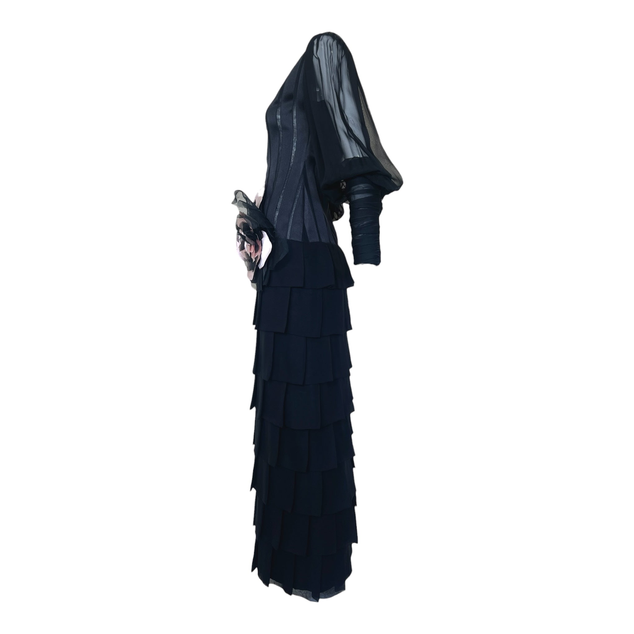 Galanos 1984 Black Silk Tiered Gown with Decorative Hip Flower, side