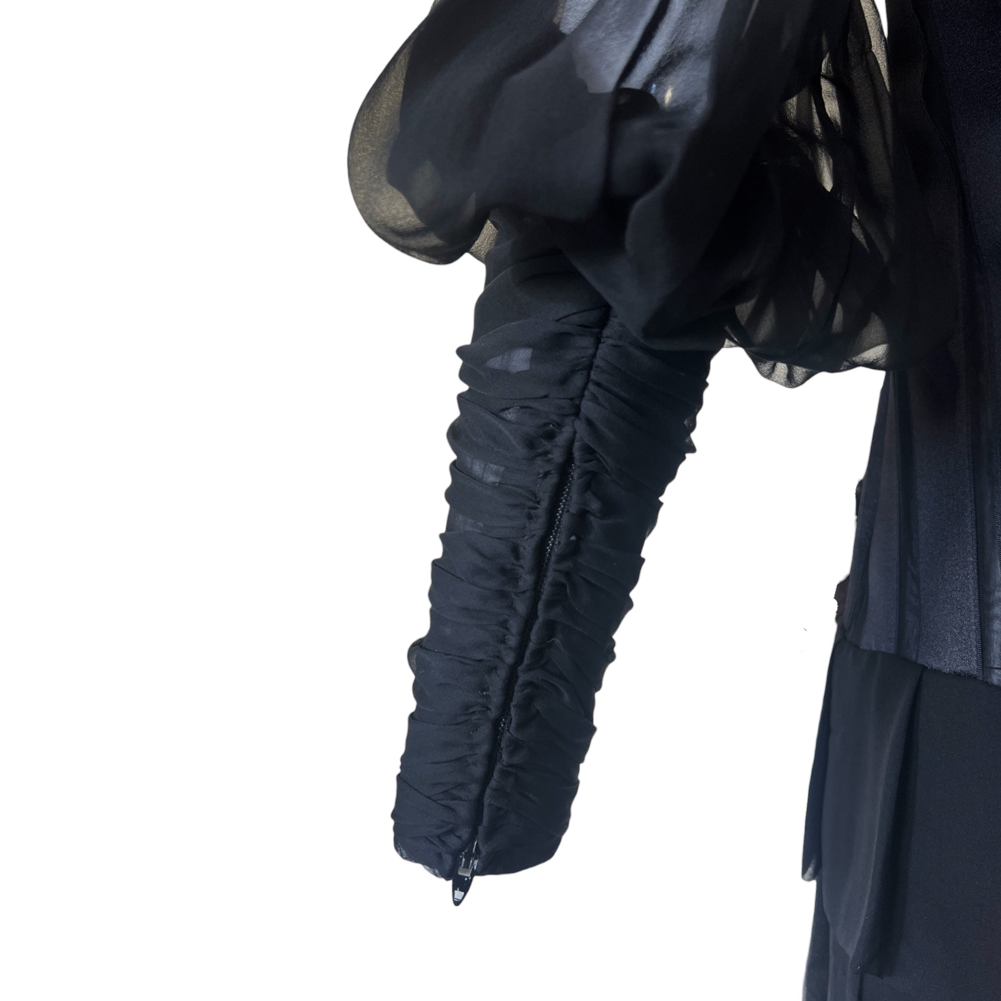 Galanos 1984 Black Silk Tiered Gown with Decorative Hip Flower, cuff