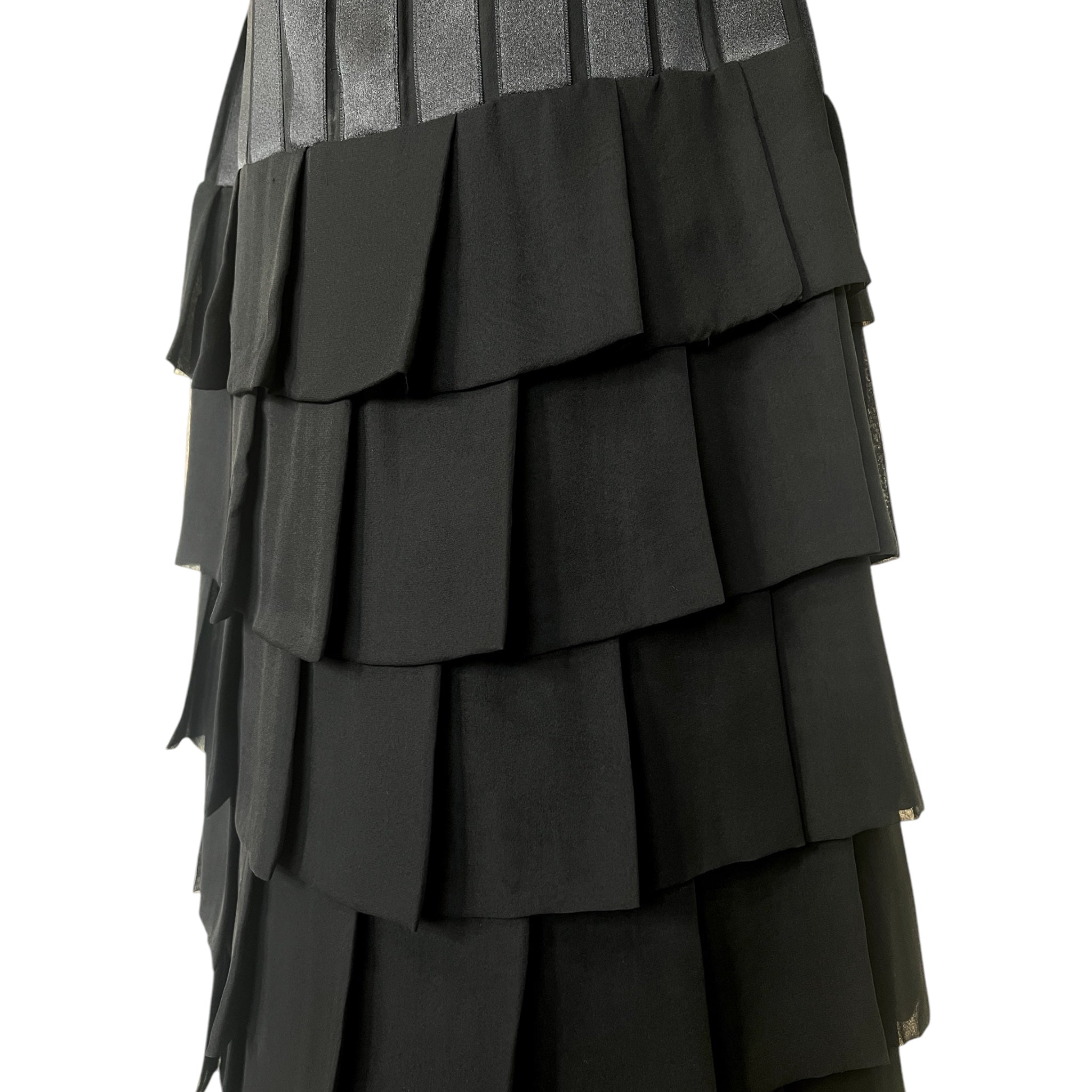 Galanos 1984 Black Silk Tiered Gown with Decorative Hip Flower, tiers