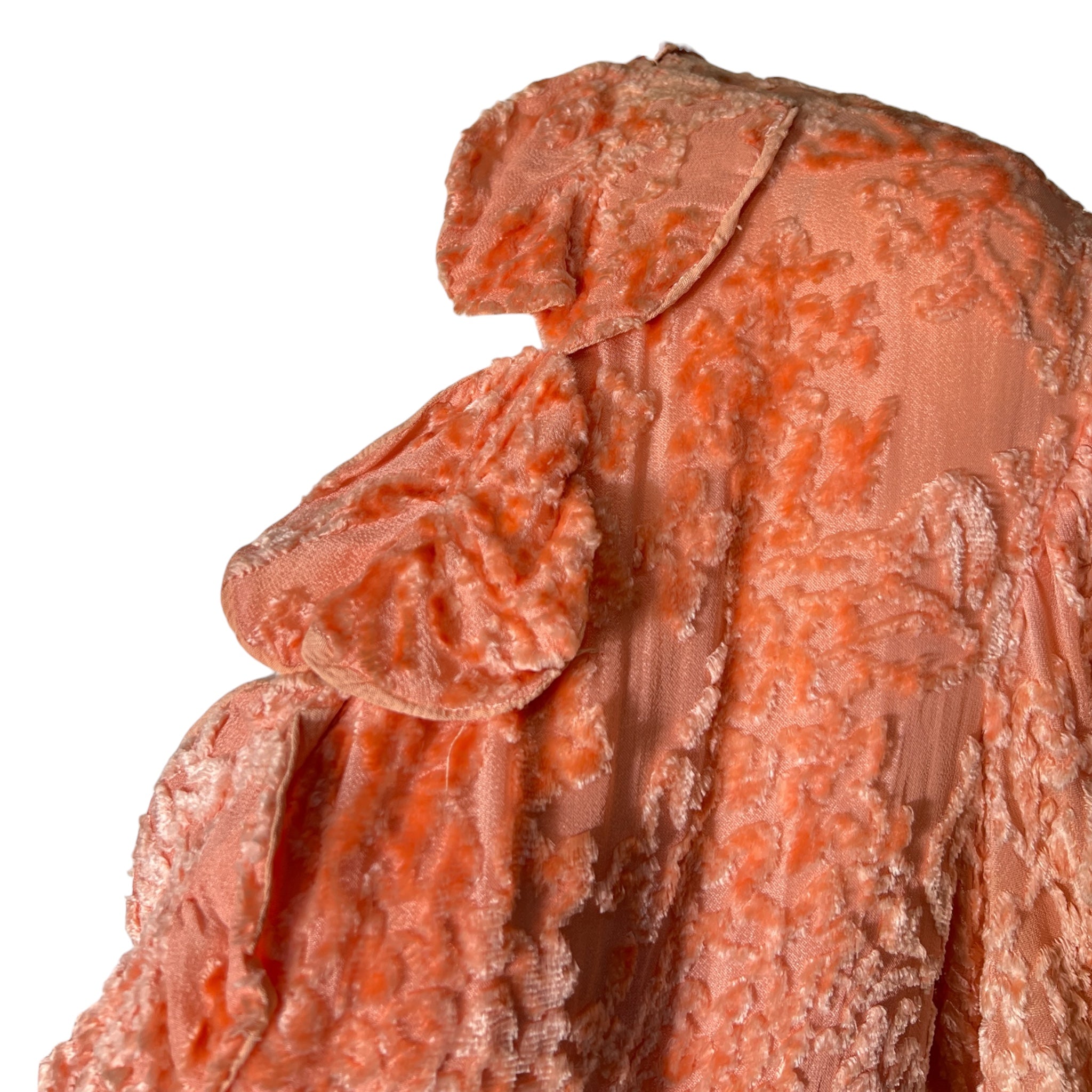 1920's Peach Pink Silk Velvet Devore Wrap Dress, neck