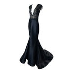 Lorena Sarbu Black Lacey Plunging Neckline Gown with Train, slight side