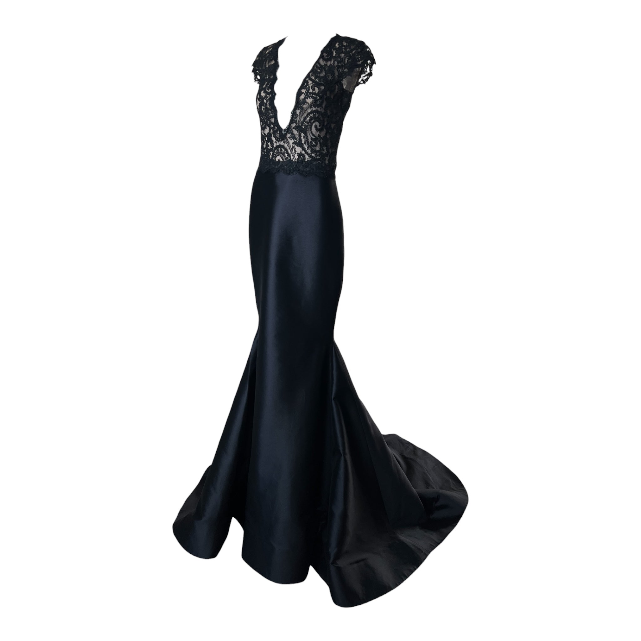 Lorena Sarbu Black Lacey Plunging Neckline Gown with Train, slight side