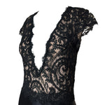 Lorena Sarbu Black Lacey Plunging Neckline Gown with Train, bodice
