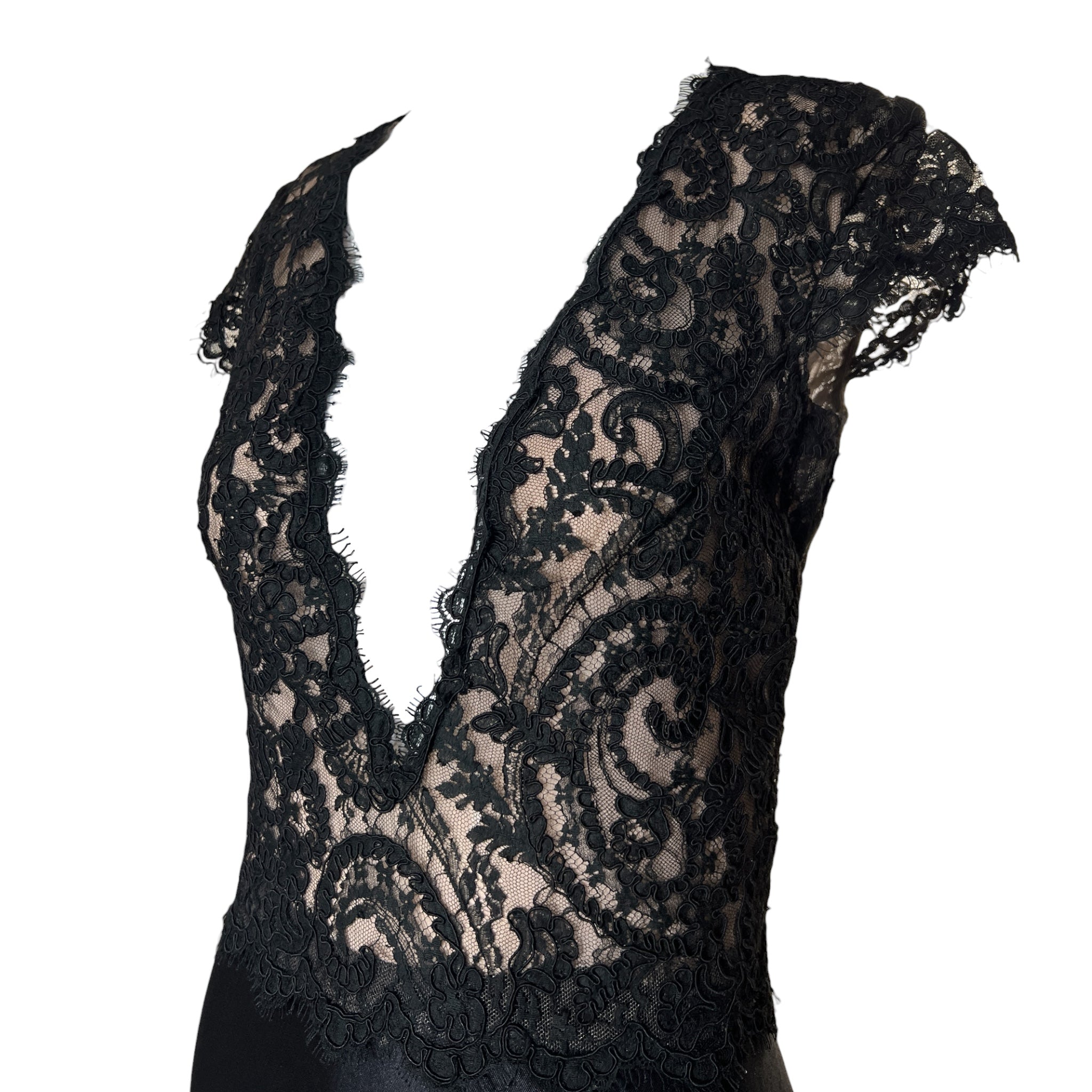 Lorena Sarbu Black Lacey Plunging Neckline Gown with Train, bodice