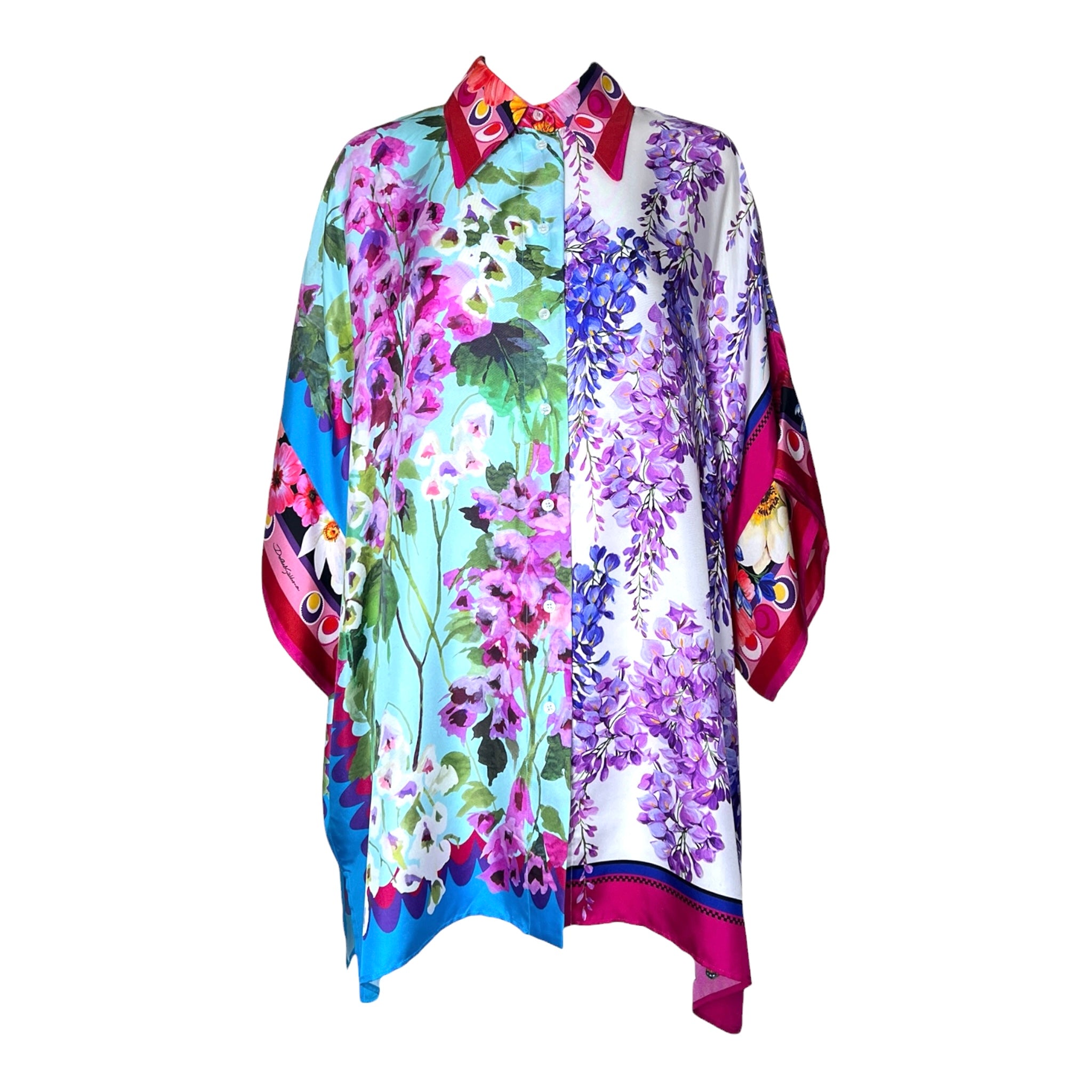 Dolce & Gabbana Black Label 2020s Vibrant Floral Silk Twill Kaftan Blouse