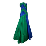 Scaasi 1987 Blue and Green Taffeta Strapless Gown with Stole, slight side