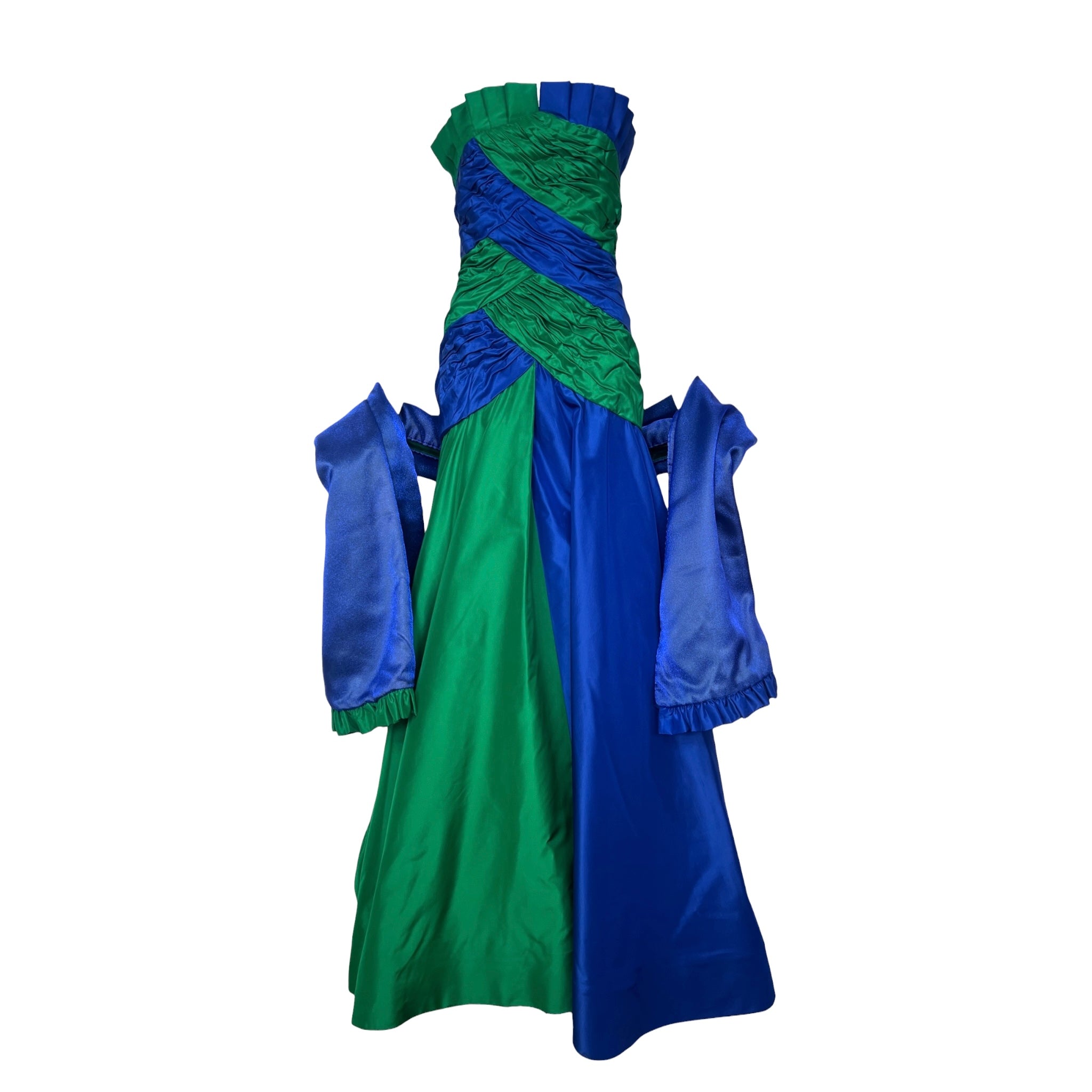 Scaasi 1987 Blue and Green Taffeta Strapless Gown with Stole with stole