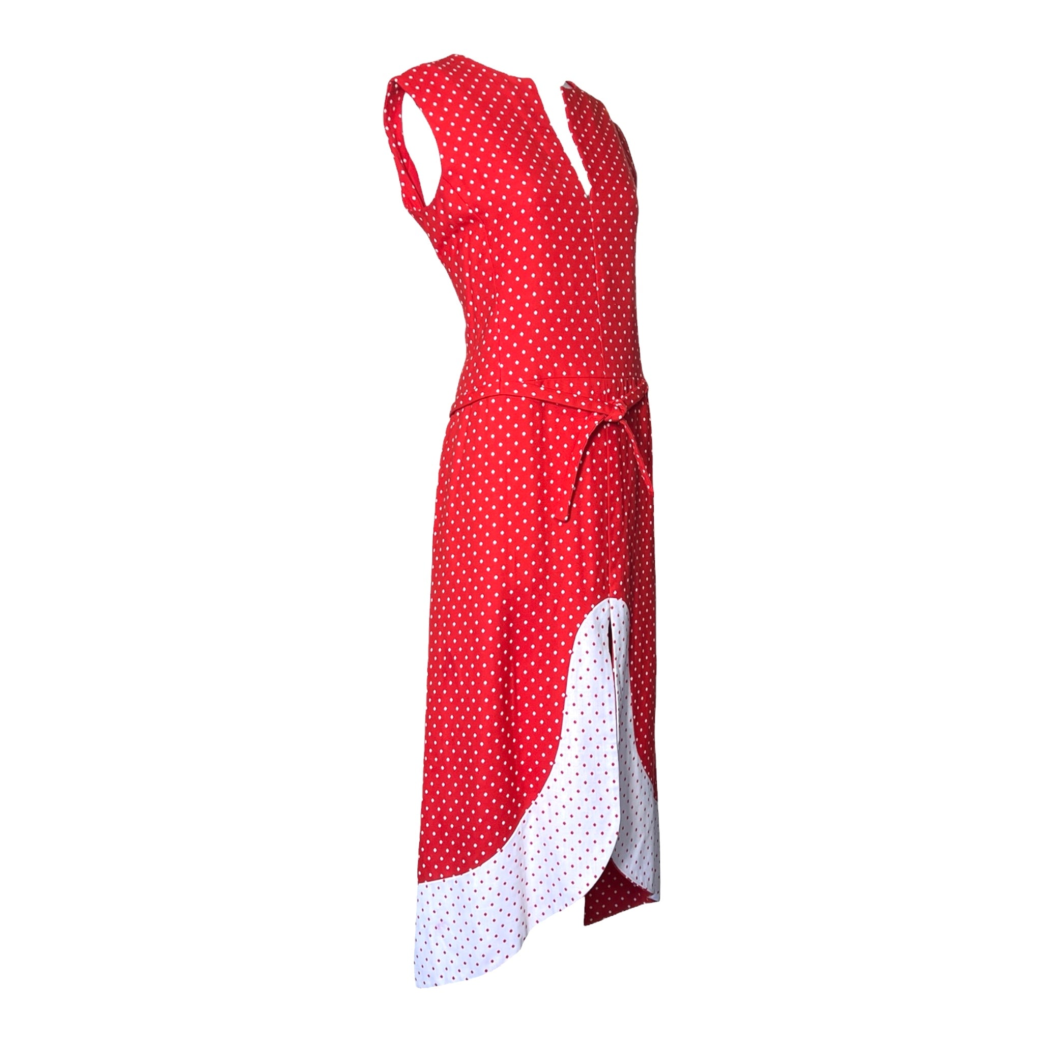 1960s Pierre Cardin "Space Age" Red & White Polka Dotted Maxi Dress, slight side