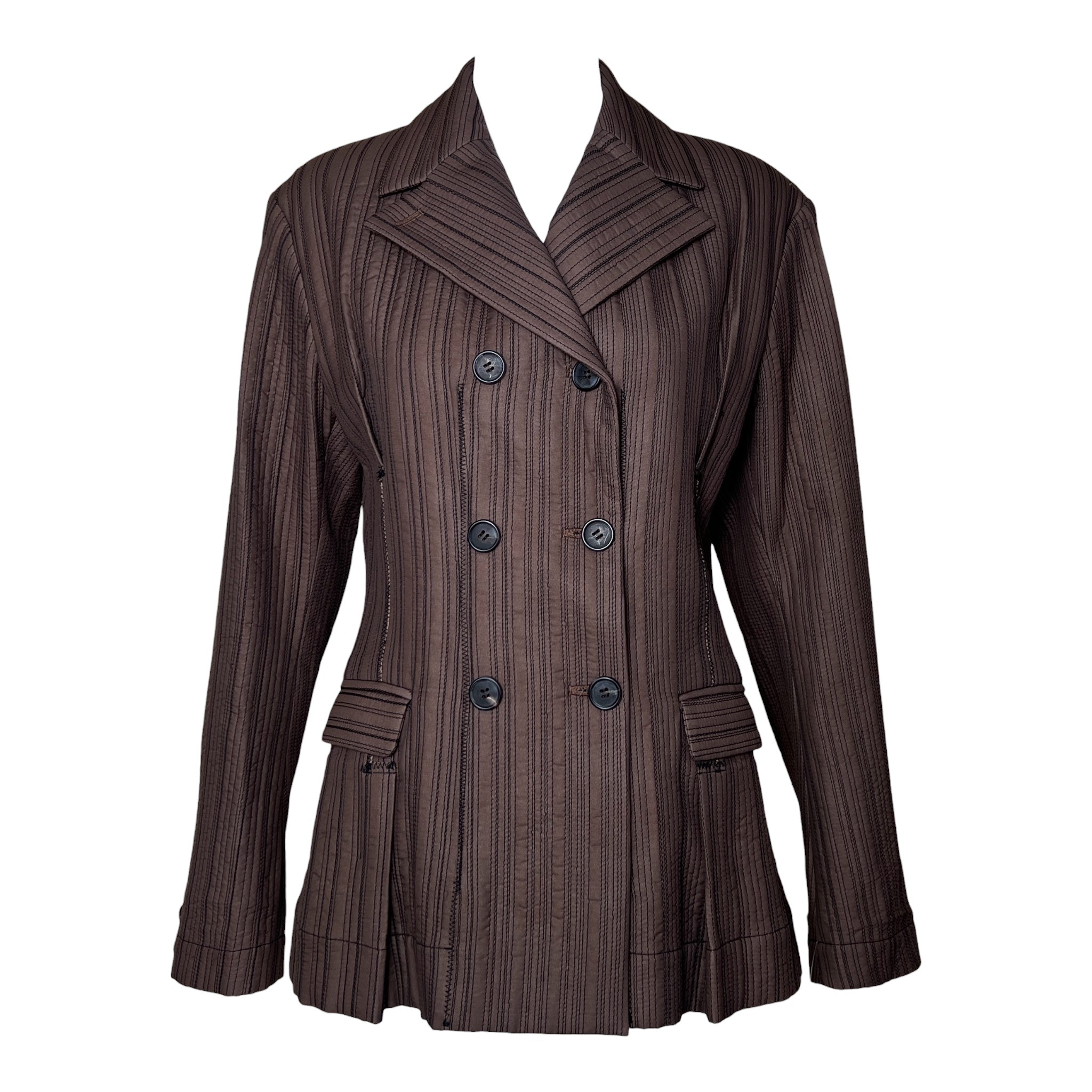 Issey Miyake Y2K Brown Top Stitched Striped Double Breasted Jacket