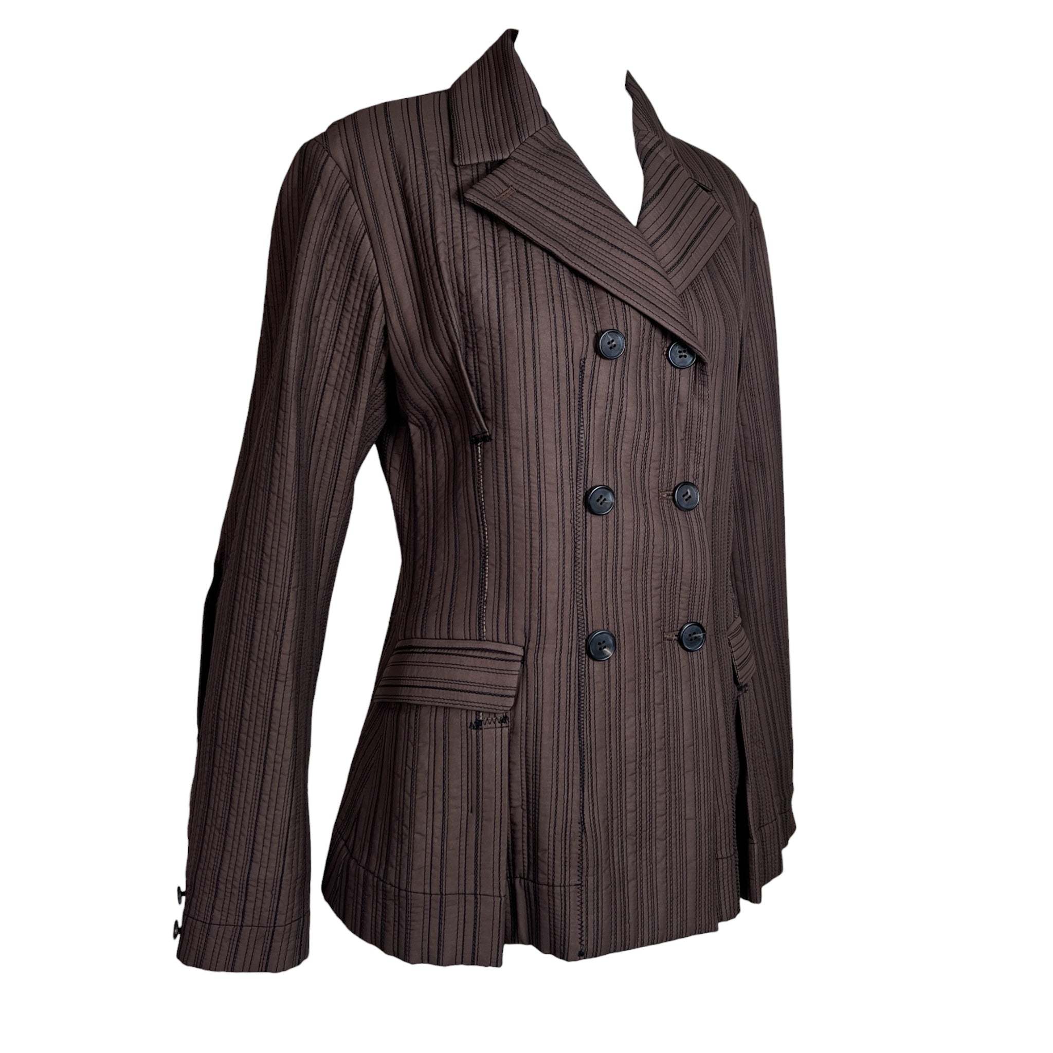 Issey Miyake Y2K Brown Top Stitched Striped Double Breasted Jacket, slight side