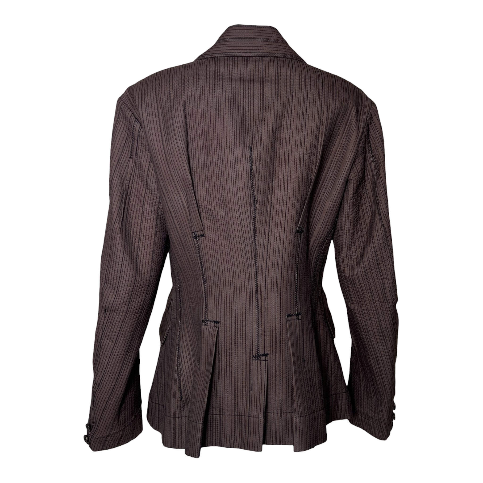 Issey Miyake Y2K Brown Top Stitched Striped Double Breasted Jacket, back