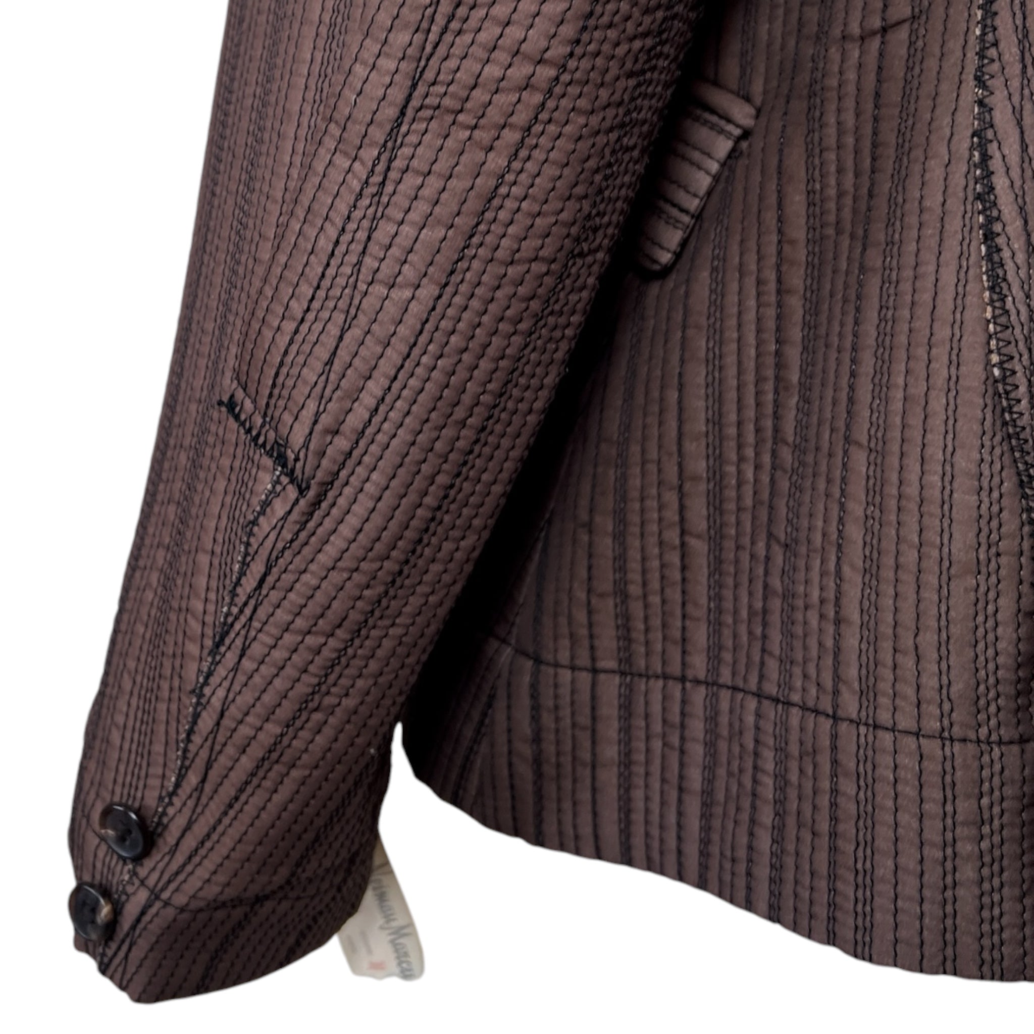 Issey Miyake Y2K Brown Top Stitched Striped Double Breasted Jacket, detail