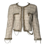 R13 Beige Tweed 2020s Cropped Jacket with Gold Toned Chains