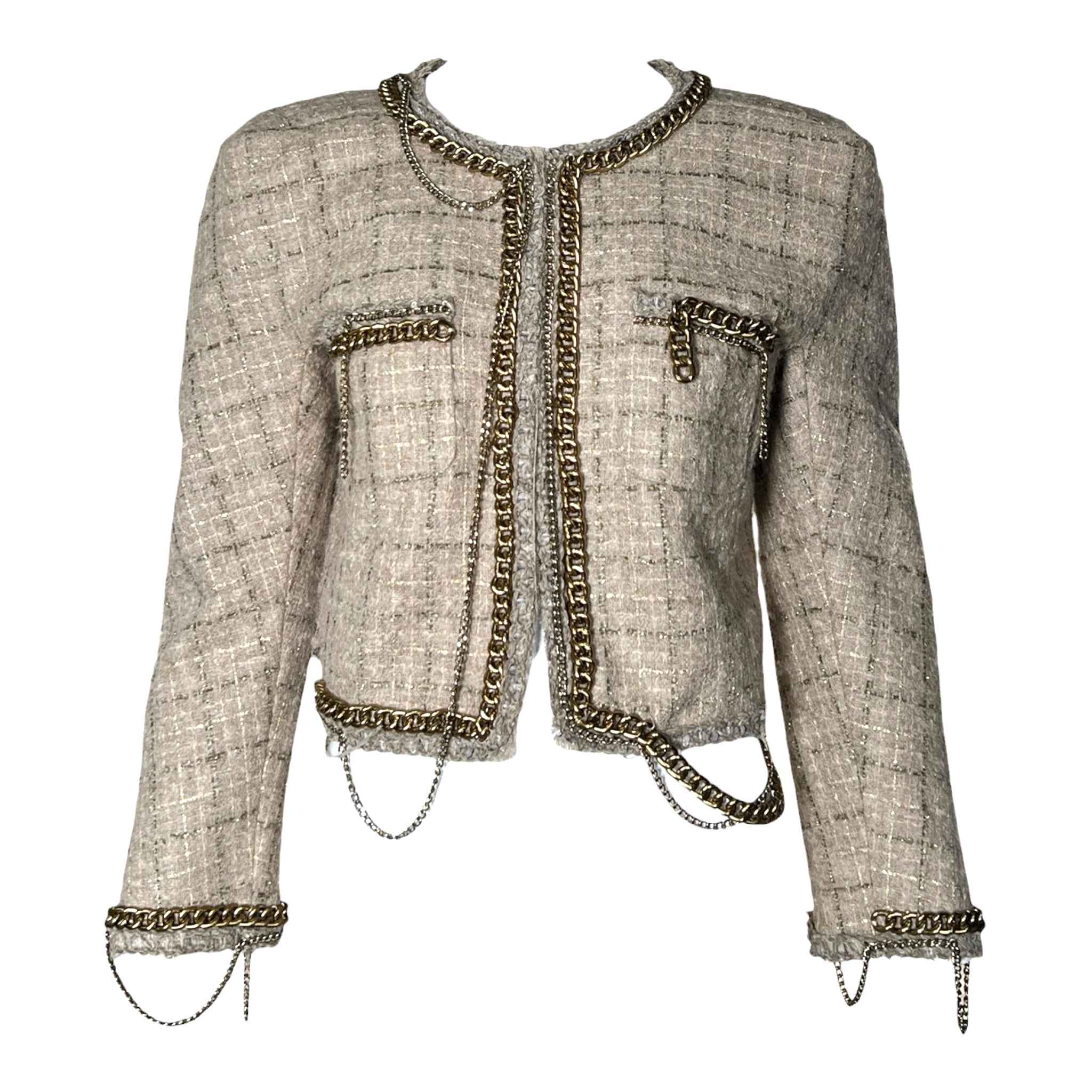 R13 Beige Tweed 2020s Cropped Jacket with Gold Toned Chains