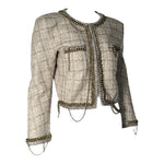 R13 Beige Tweed 2020s Cropped Jacket with Gold Toned Chains, slight side