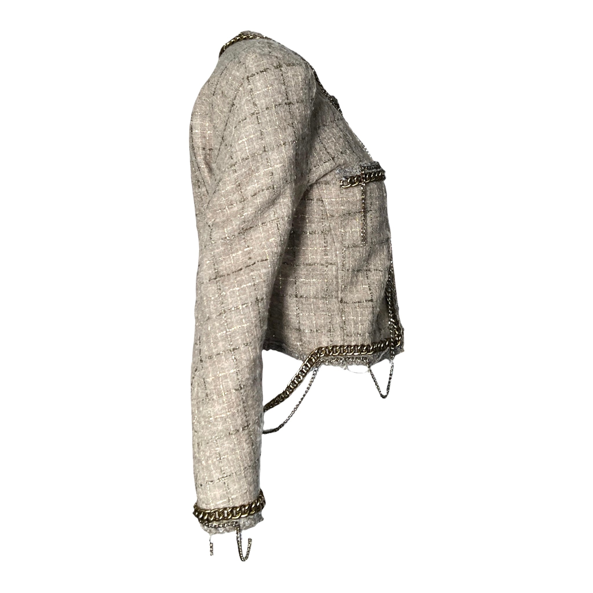R13 Beige Tweed 2020s Cropped Jacket with Gold Toned Chains, side 2