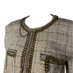 R13 Beige Tweed 2020s Cropped Jacket with Gold Toned Chains, neck detail