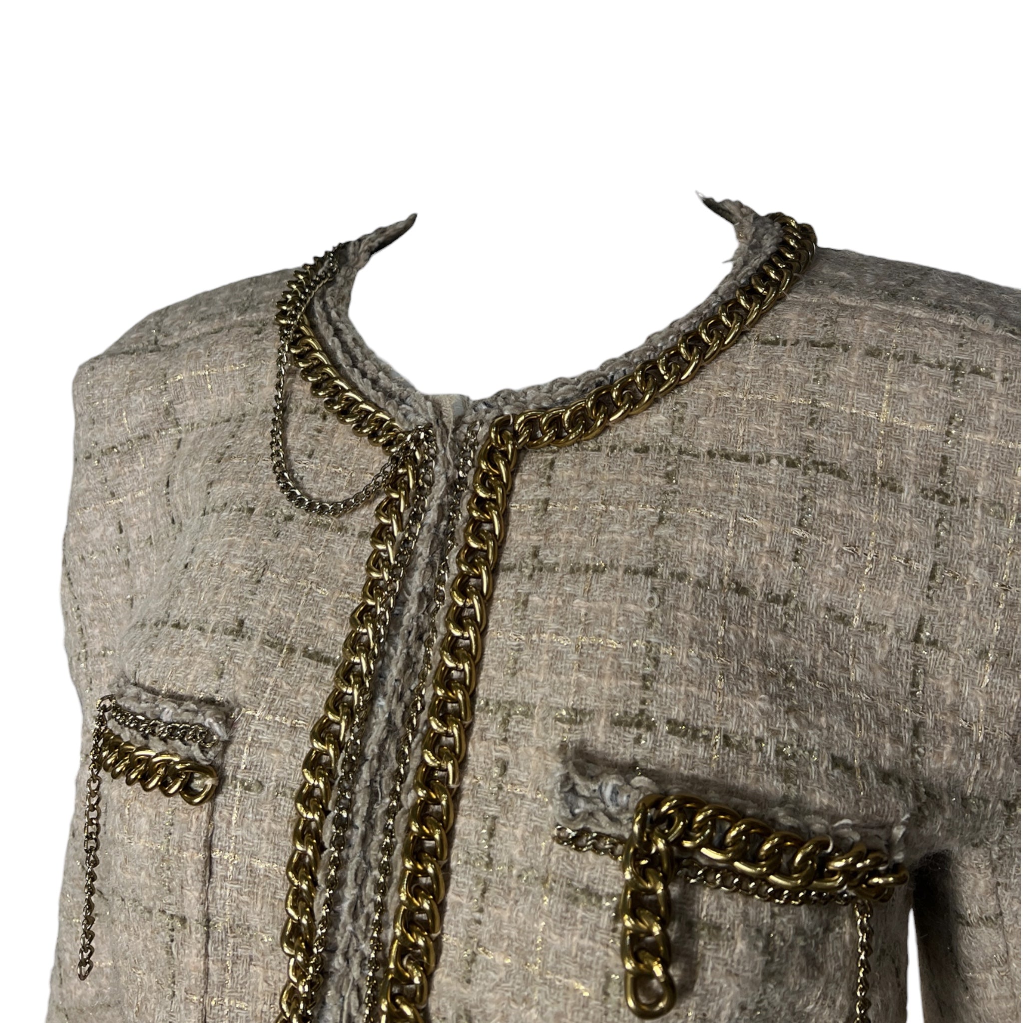 R13 Beige Tweed 2020s Cropped Jacket with Gold Toned Chains, neck detail
