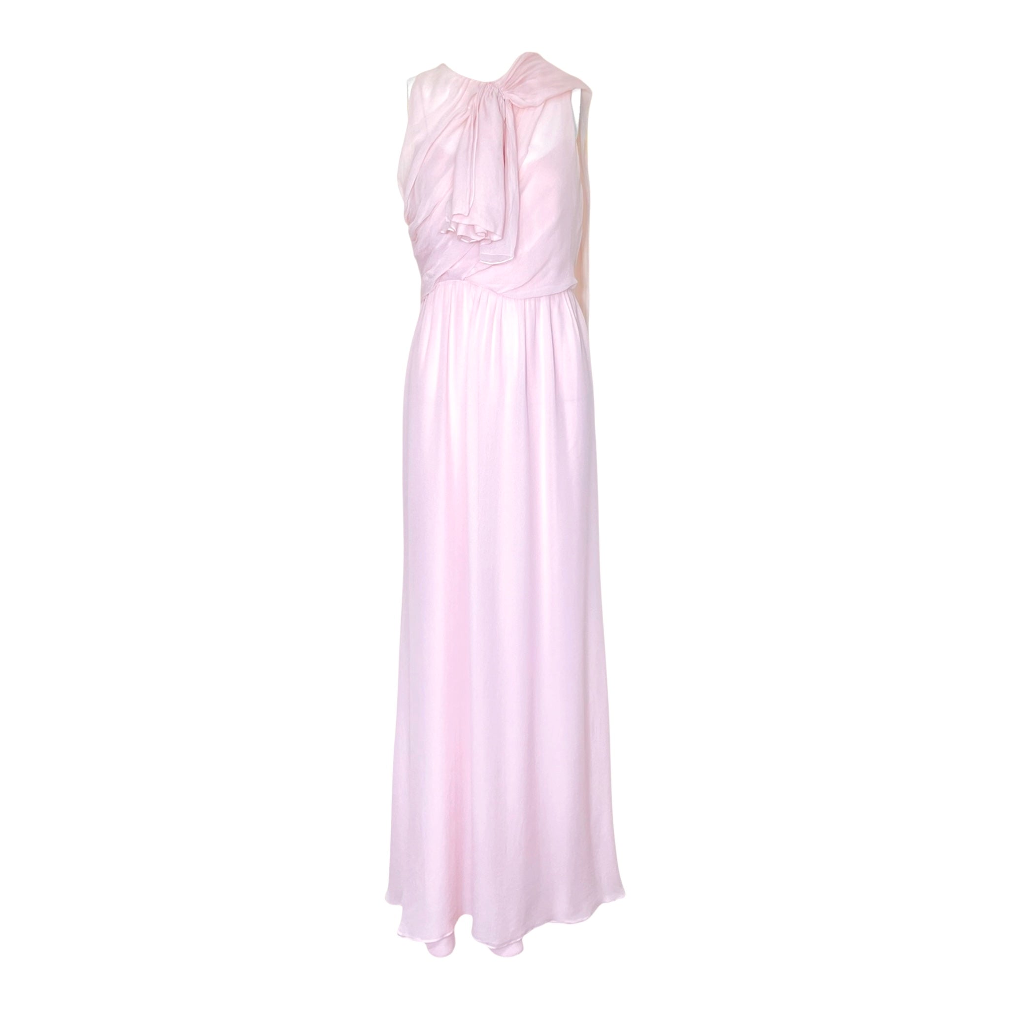 1990's Pale Pink Silk Chiffon Goddess Gown with Tie Neck Scarf w/tie