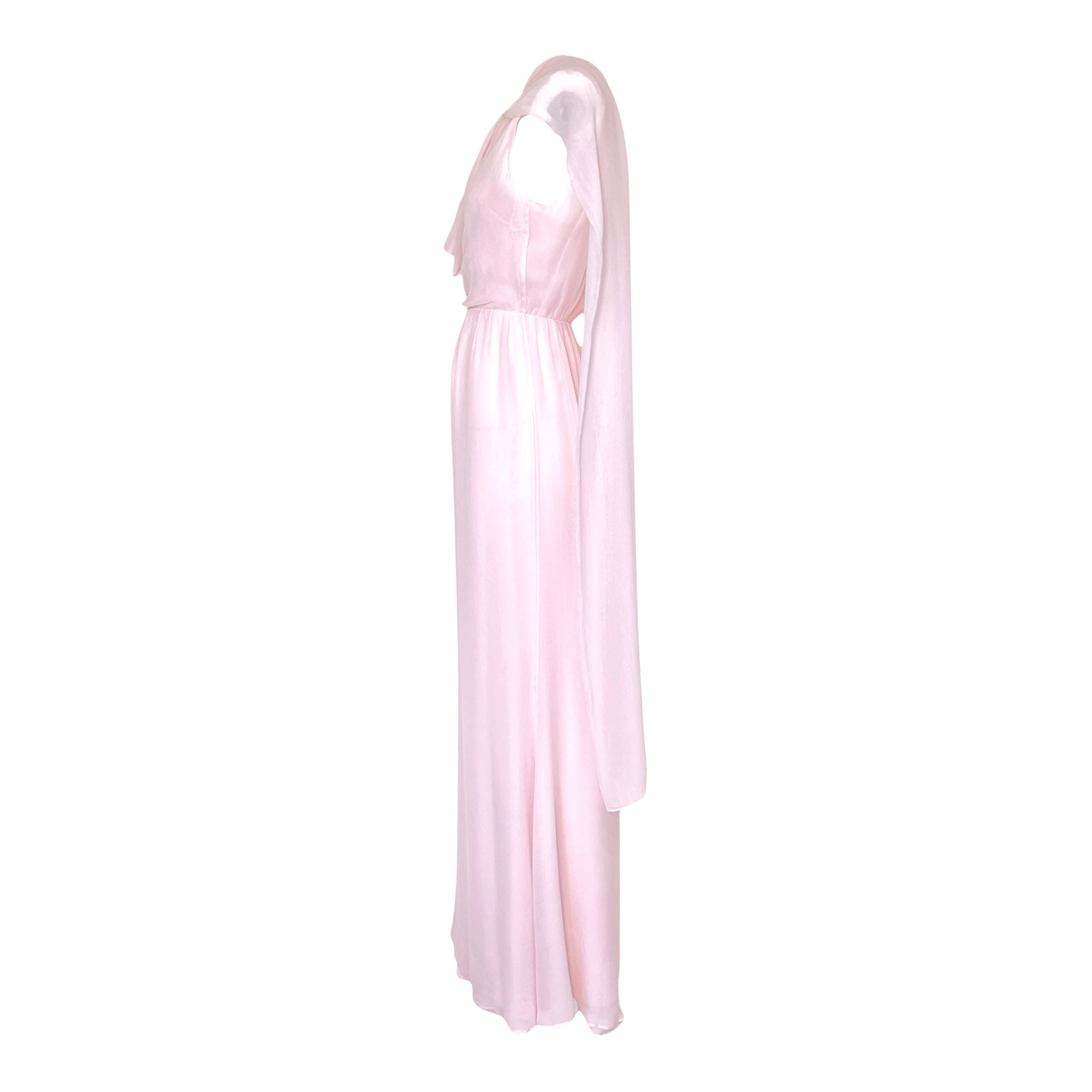 1990's Pale Pink Silk Chiffon Goddess Gown with Tie Neck Scarf, side with flutter