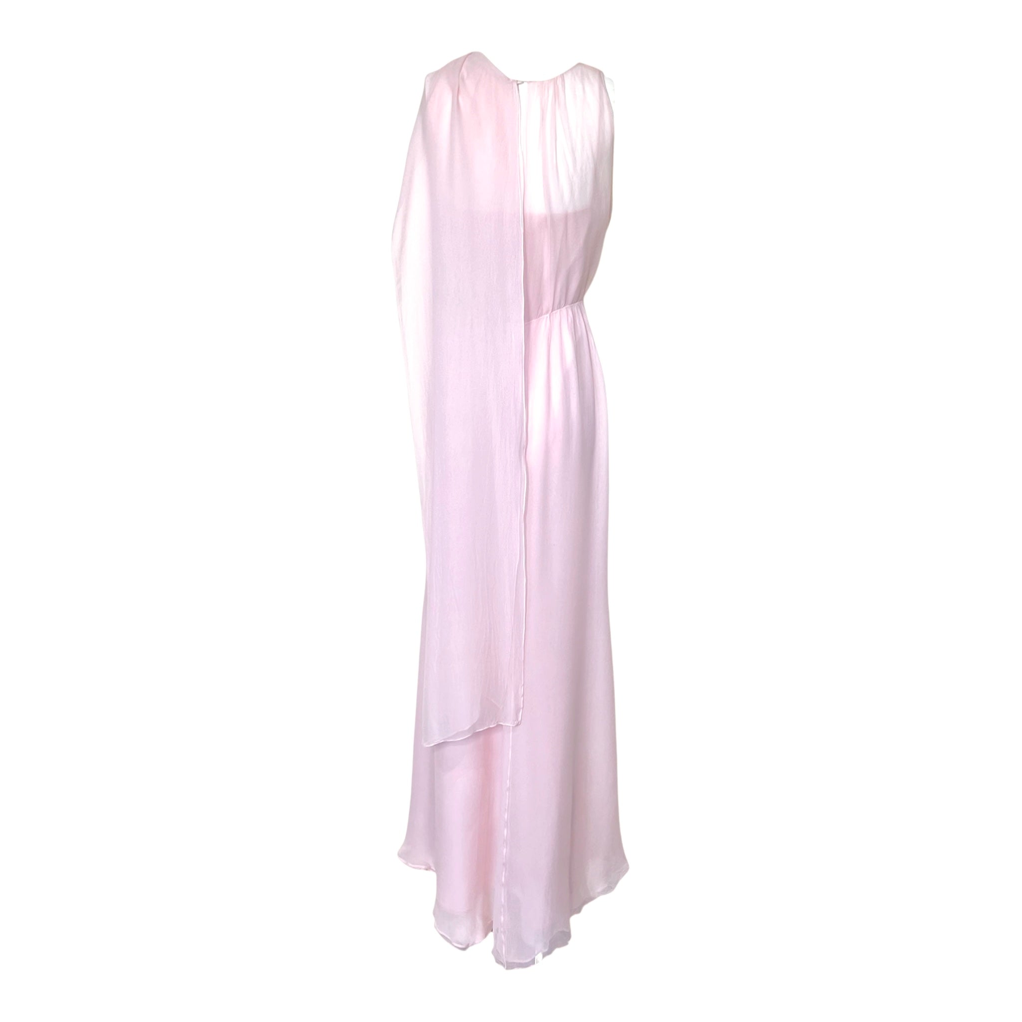 1990's Pale Pink Silk Chiffon Goddess Gown with Tie Neck Scarf, back with flutter