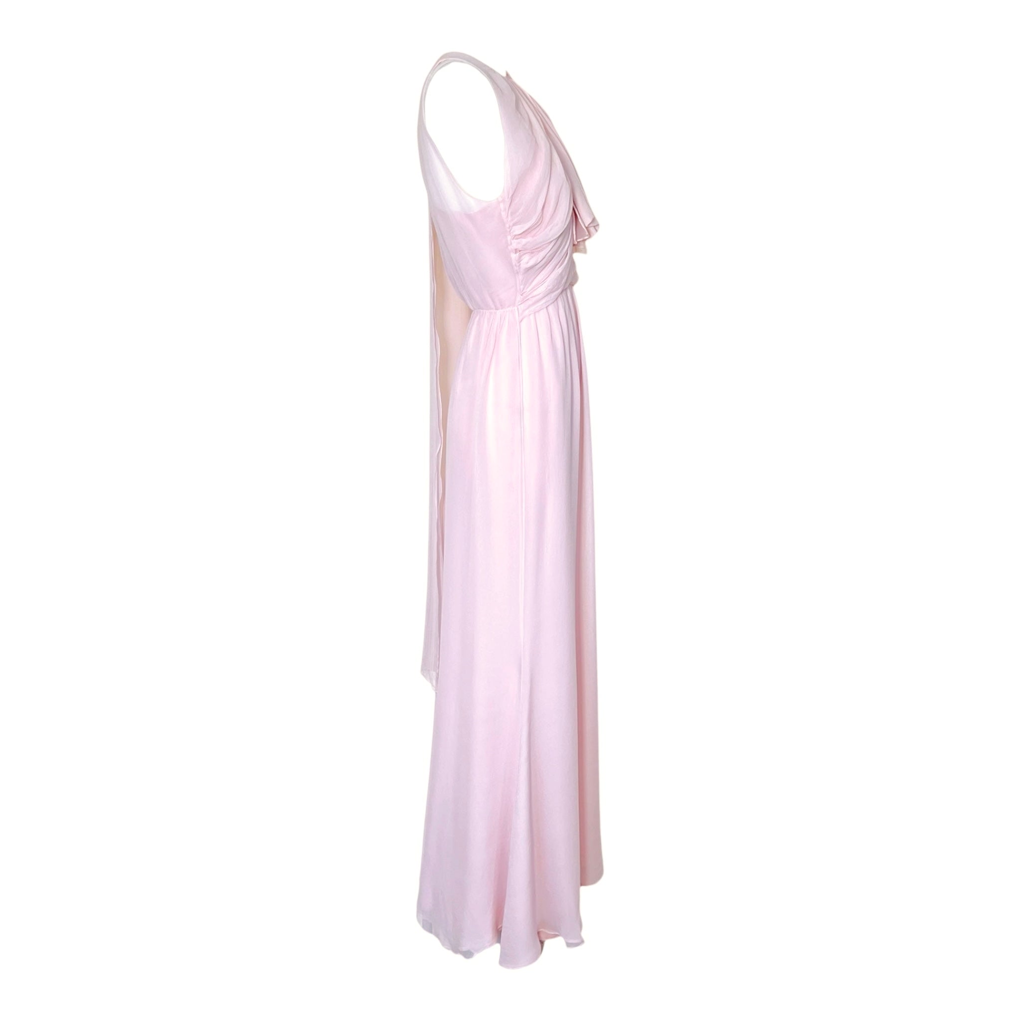1990's Pale Pink Silk Chiffon Goddess Gown with Tie Neck Scarf, side with flutter 2