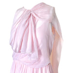 1990's Pale Pink Silk Chiffon Goddess Gown with Tie Neck Scarf, bodice with flutter