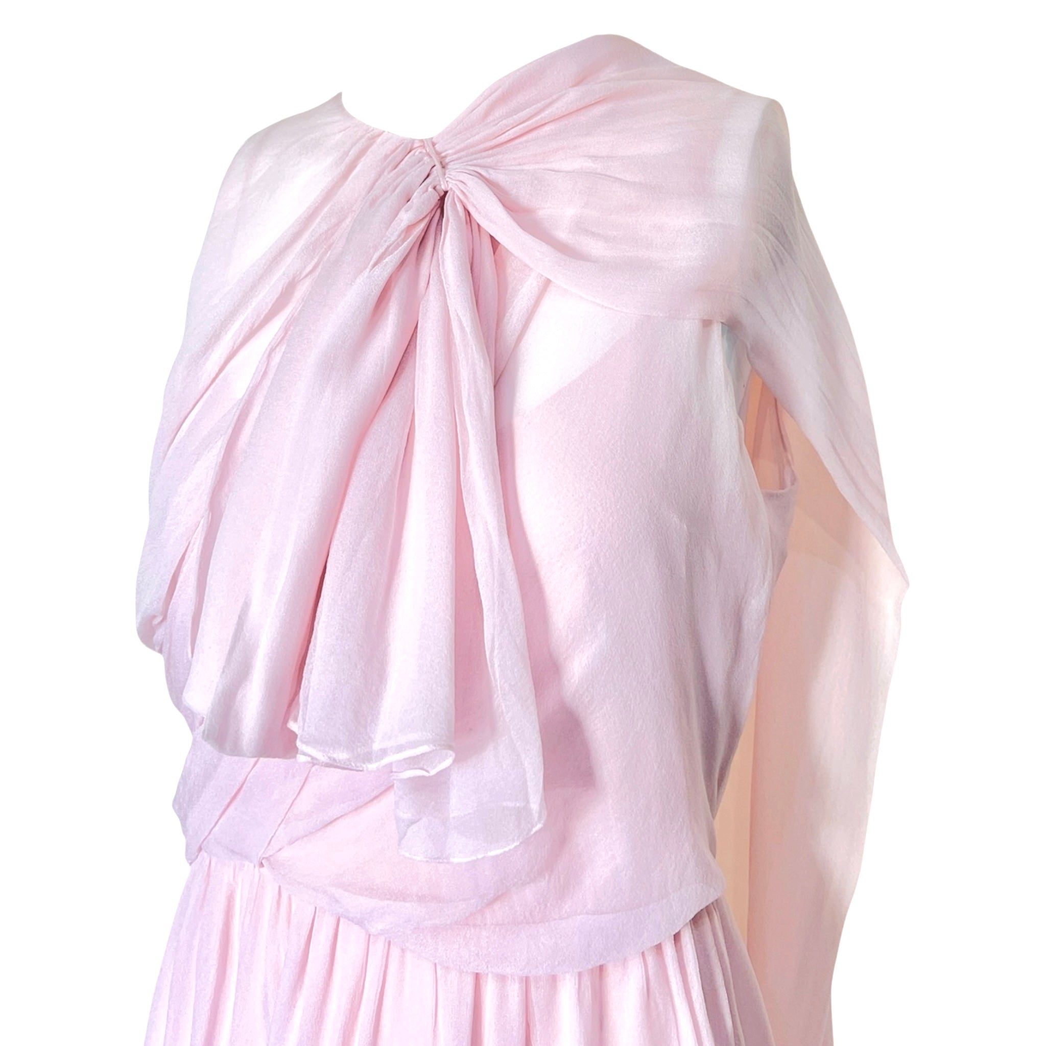 1990's Pale Pink Silk Chiffon Goddess Gown with Tie Neck Scarf, bodice with flutter