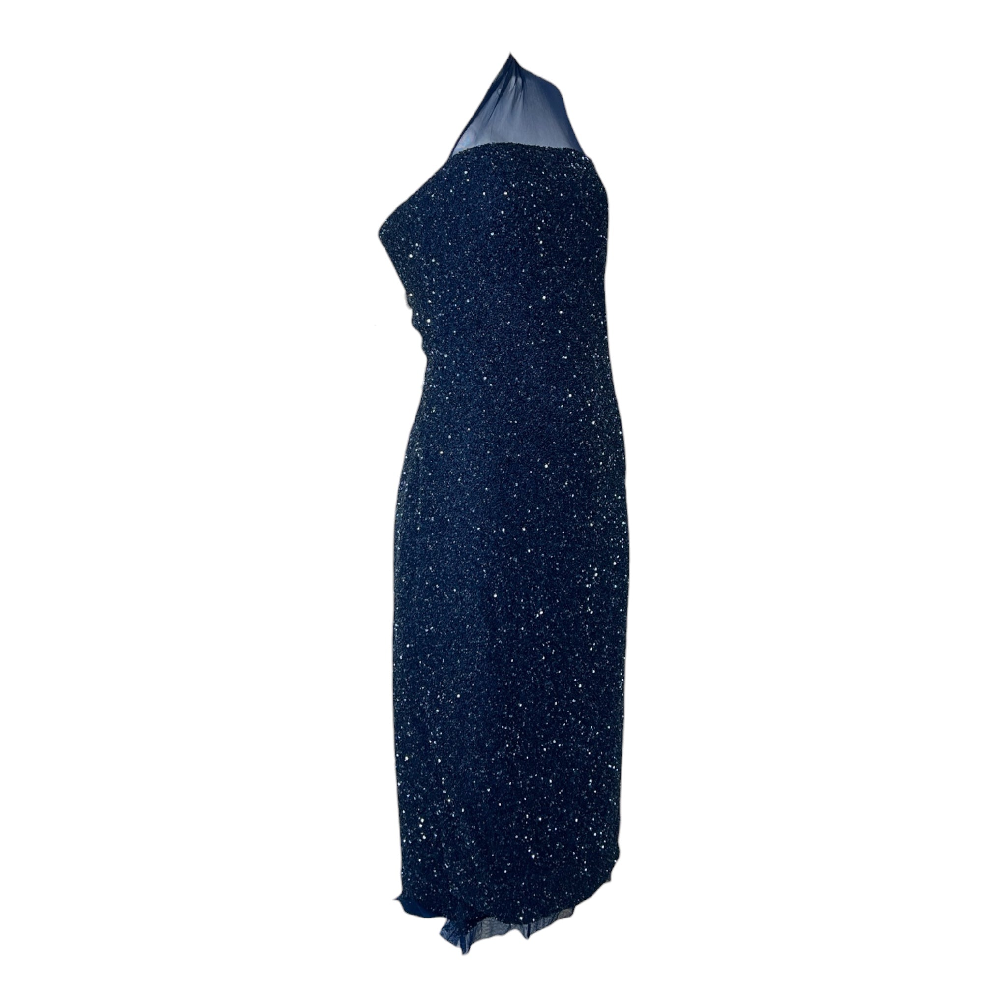 Germán Valdivia 2010s Midnight Blue Beaded One Shoulder Dress, slight side