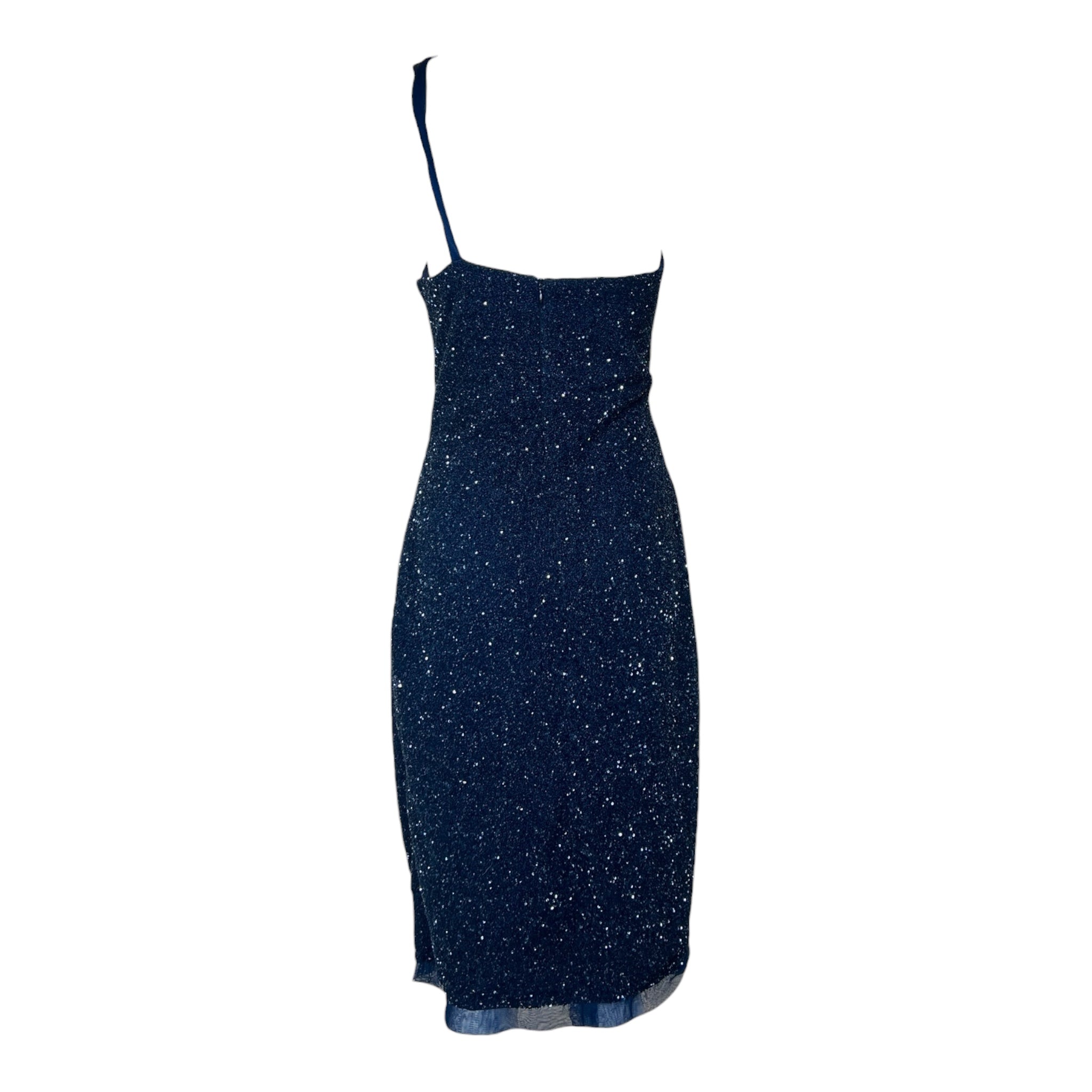 Germán Valdivia 2010s Midnight Blue Beaded One Shoulder Dress, back