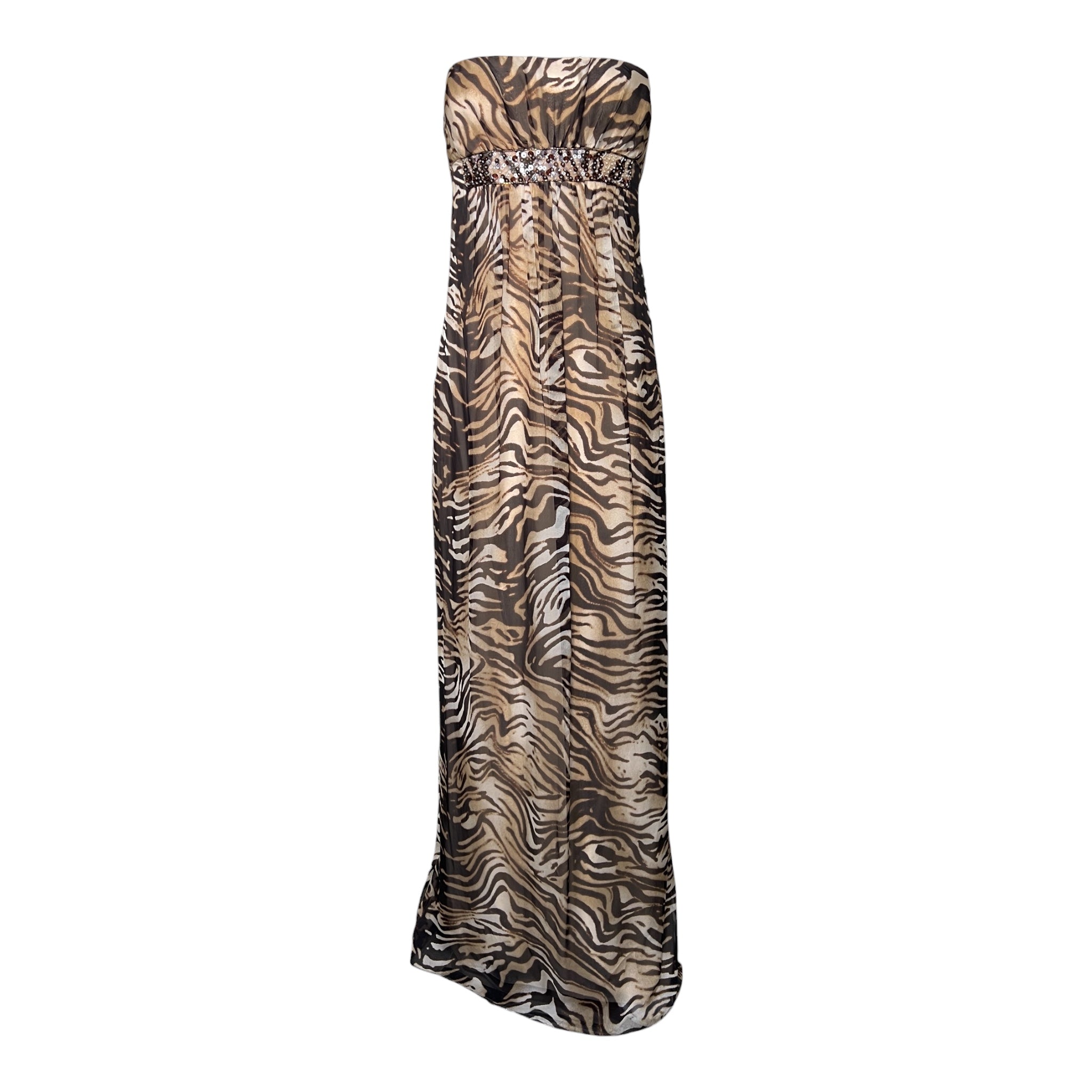 Shawn Ray Fons 2000's Brown Tiger Print Strapless Silk Gown